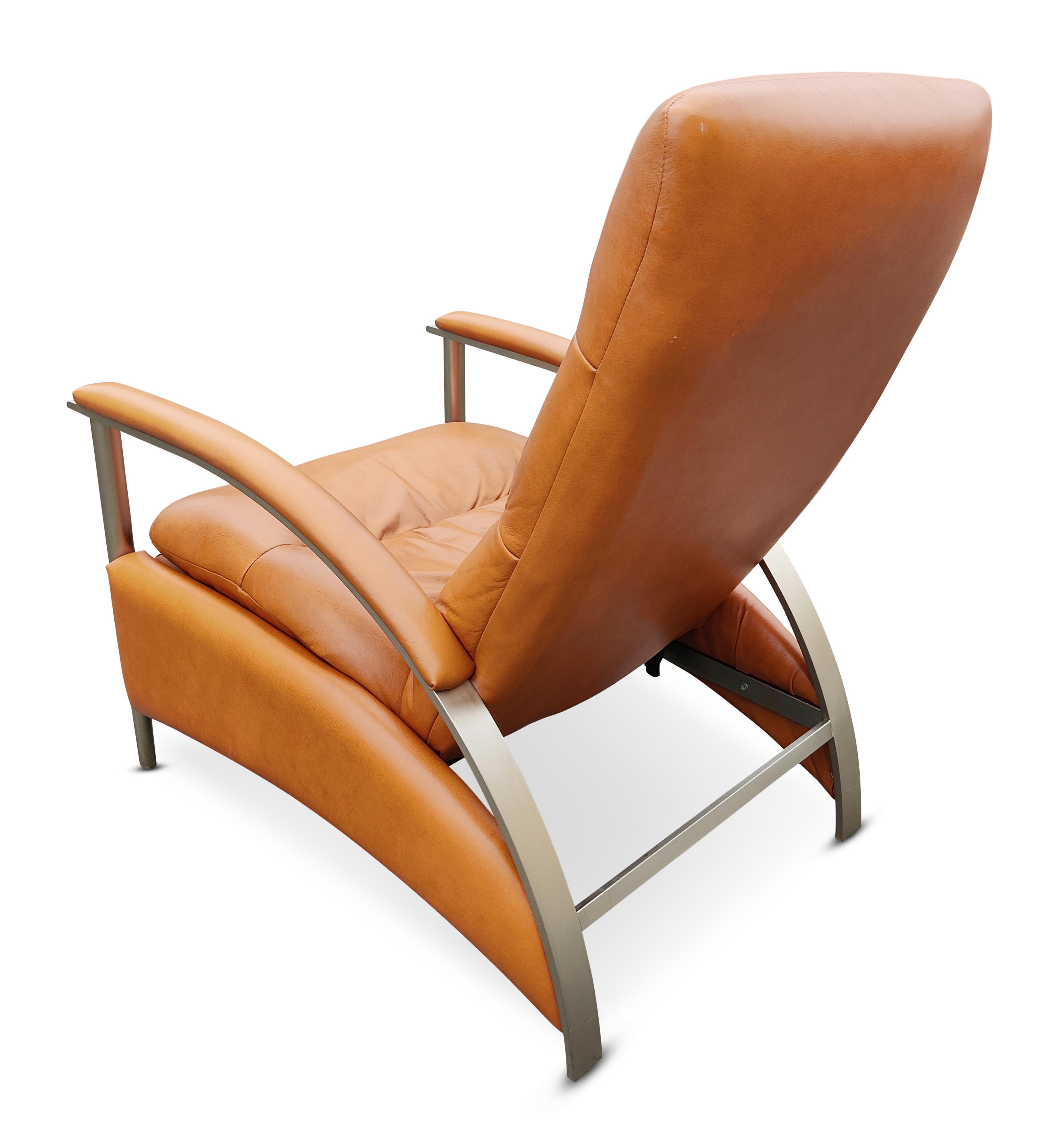 Mid-Century Modern Milo Baughman Style Pair Orange Leather and Steel Recliners or Lounge Chairs