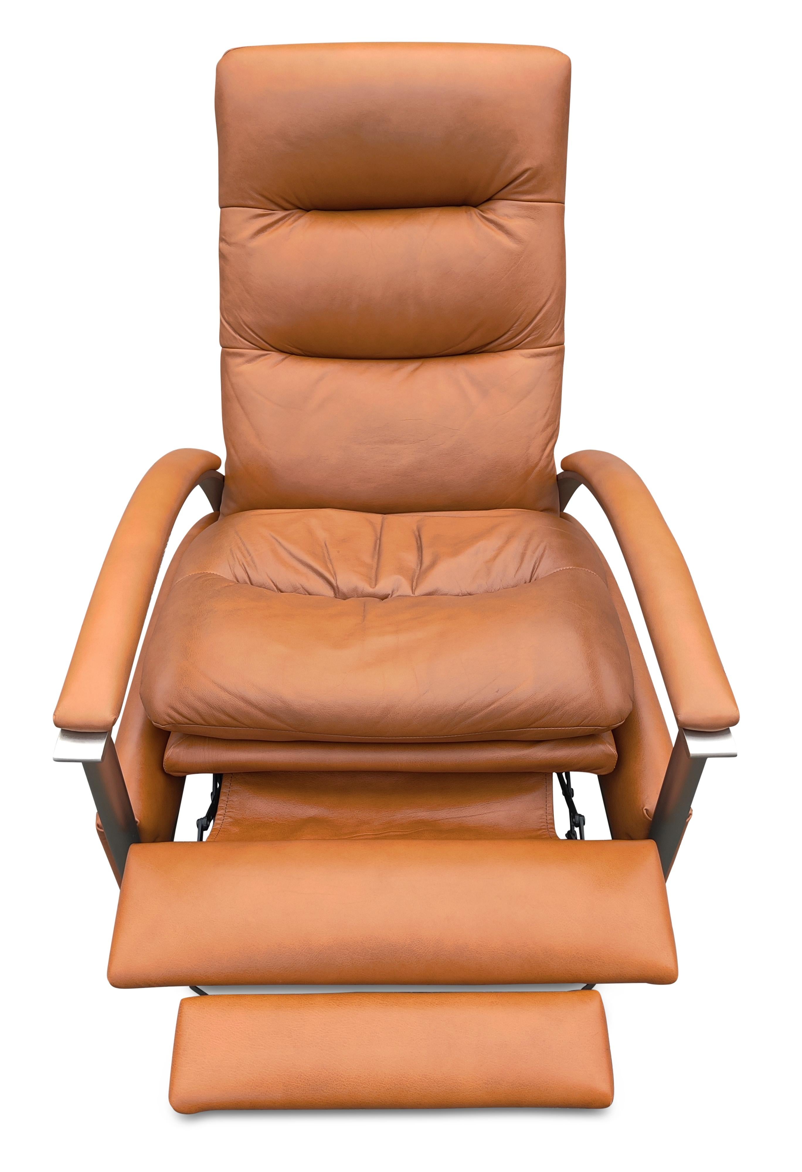 American Milo Baughman Style Pair Orange Leather and Steel Recliners or Lounge Chairs