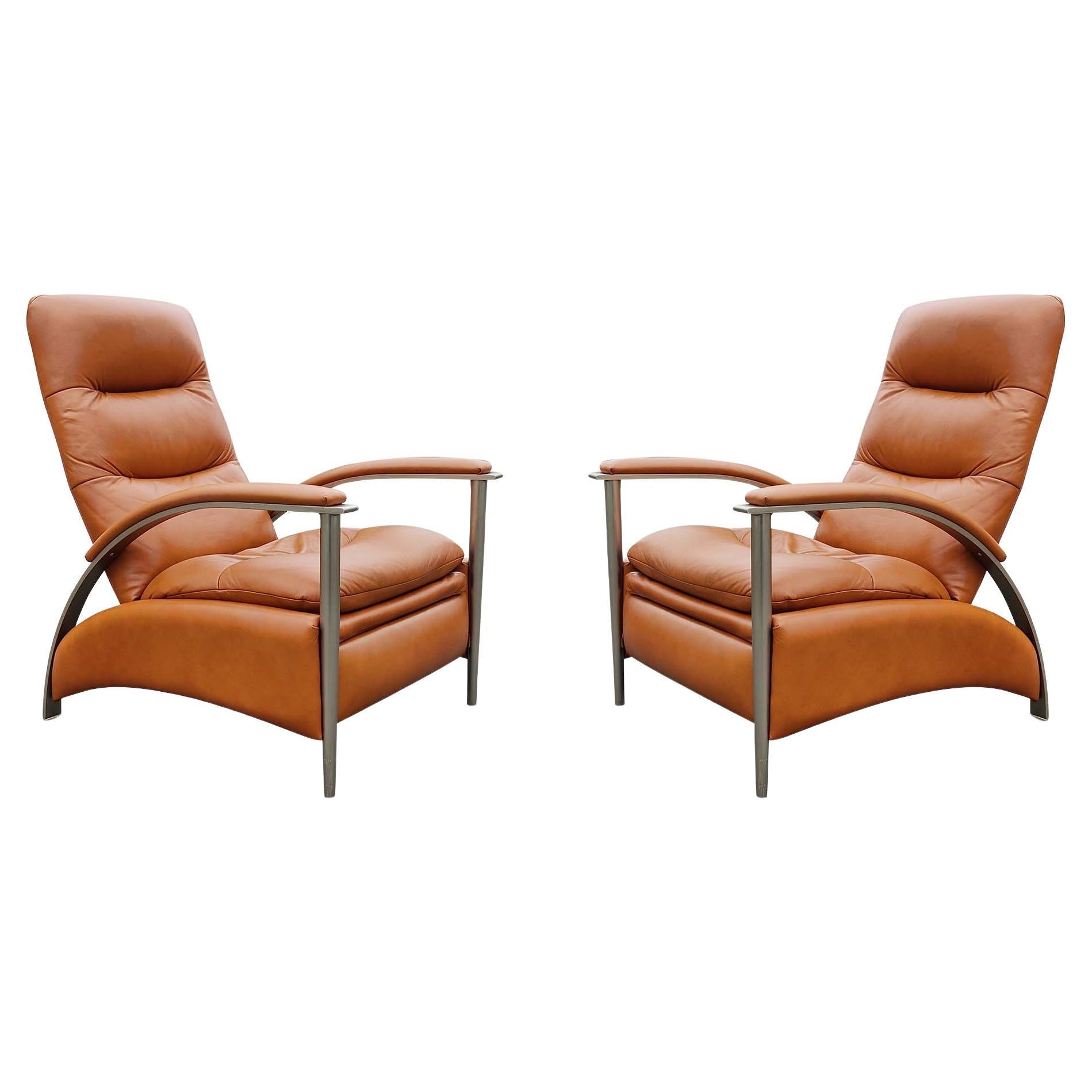 Milo Baughman Style Pair Orange Leather and Steel Recliners or Lounge Chairs