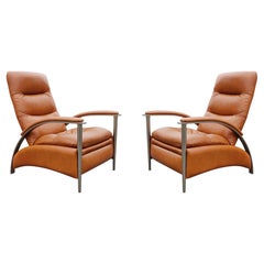 Milo Baughman Style Pair Orange Leather and Steel Recliners or Lounge Chairs