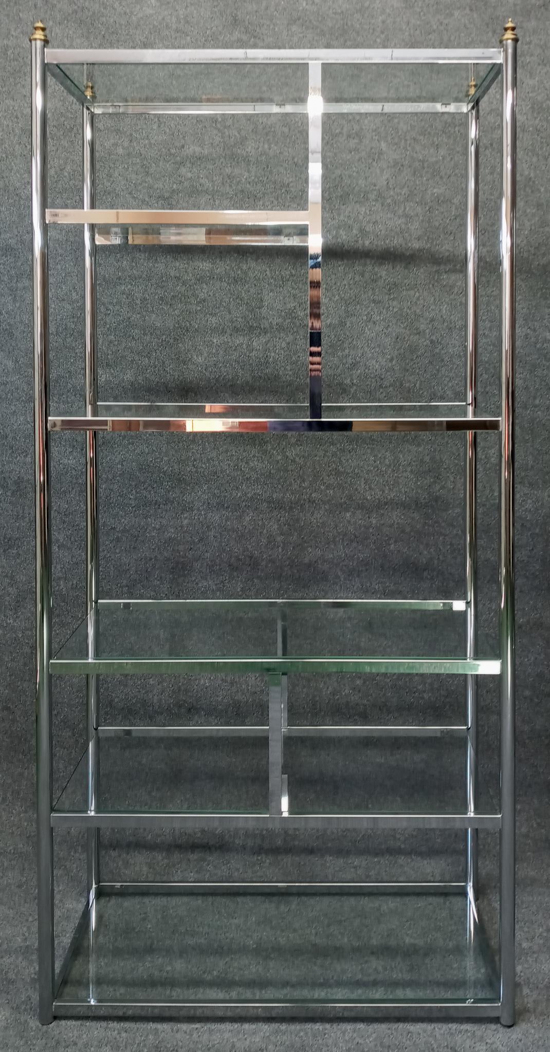American Milo Baughman Style Pair Vintage Chrome Glass Brass Etagere Shelves Mid-Century 