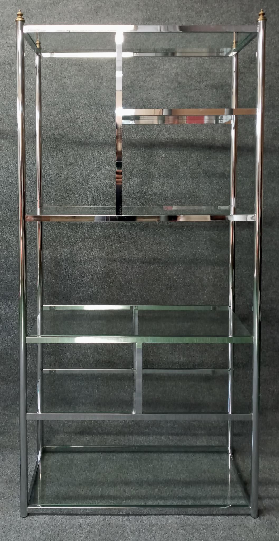 Milo Baughman Style Pair Vintage Chrome Glass Brass Etagere Shelves Mid-Century  In Good Condition In Philadelphia, PA