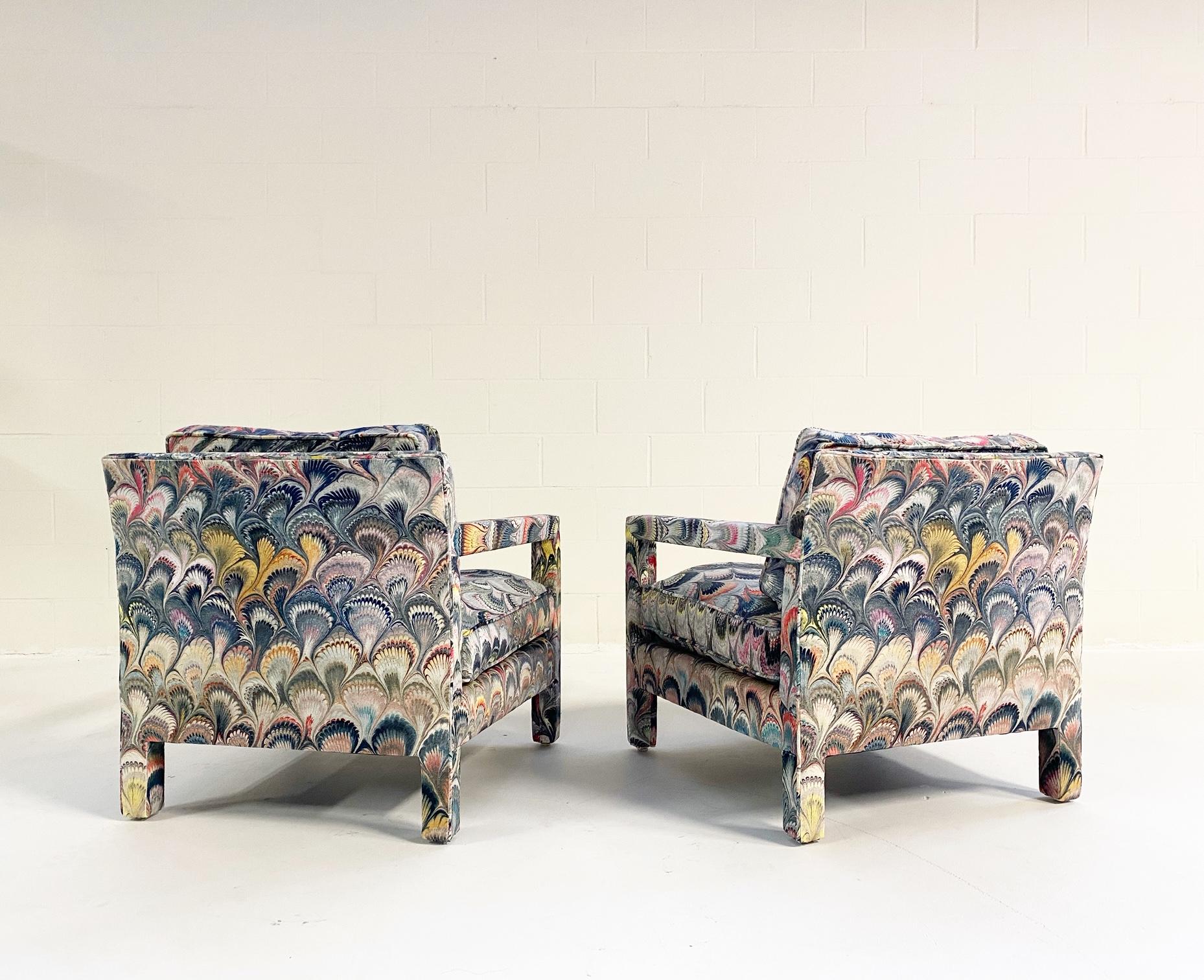 Milo Baughman Style Parsons Chairs in Beata Heuman Marbleized Velvet 2