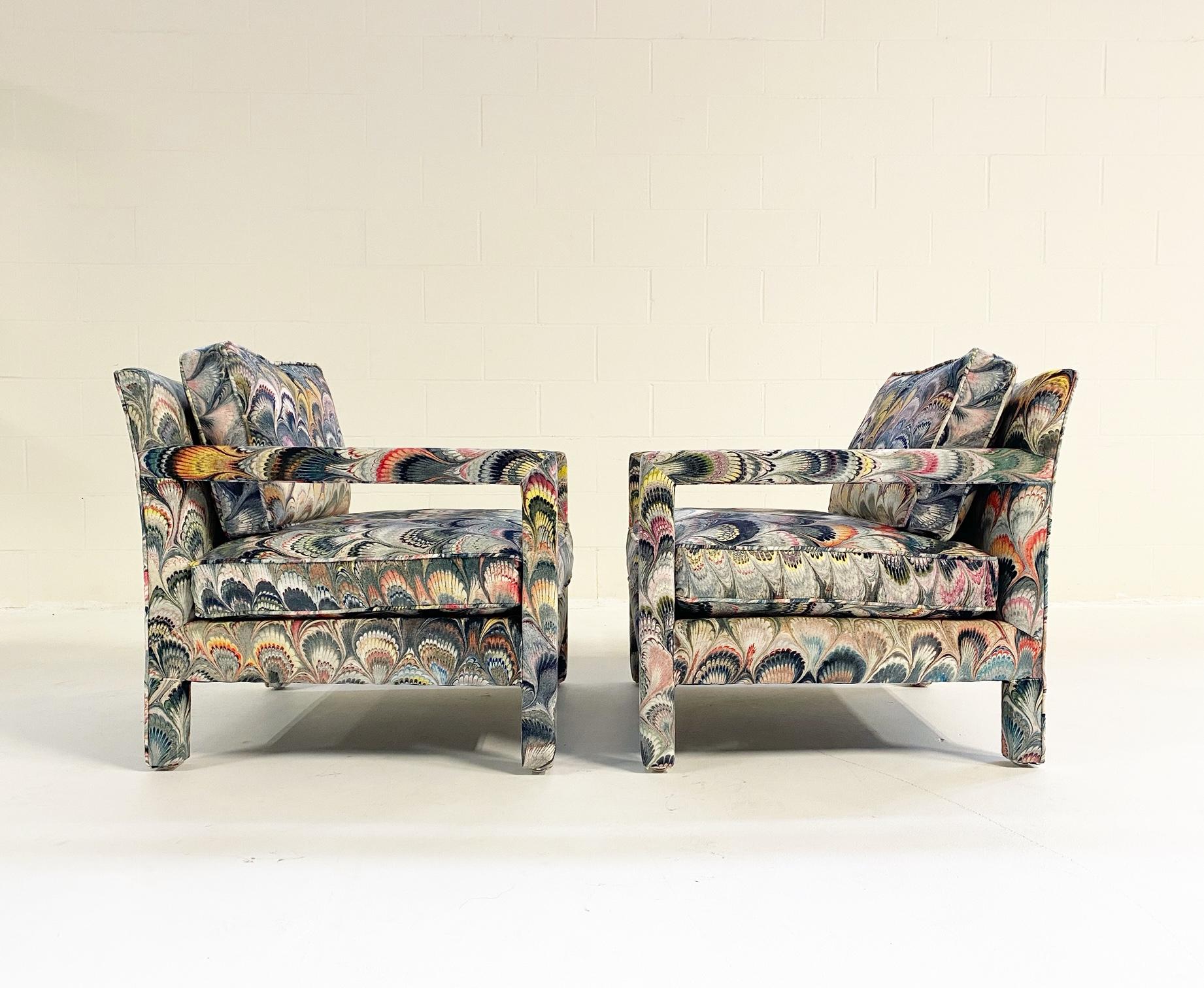 Milo Baughman Style Parsons Chairs in Beata Heuman Marbleized Velvet 3