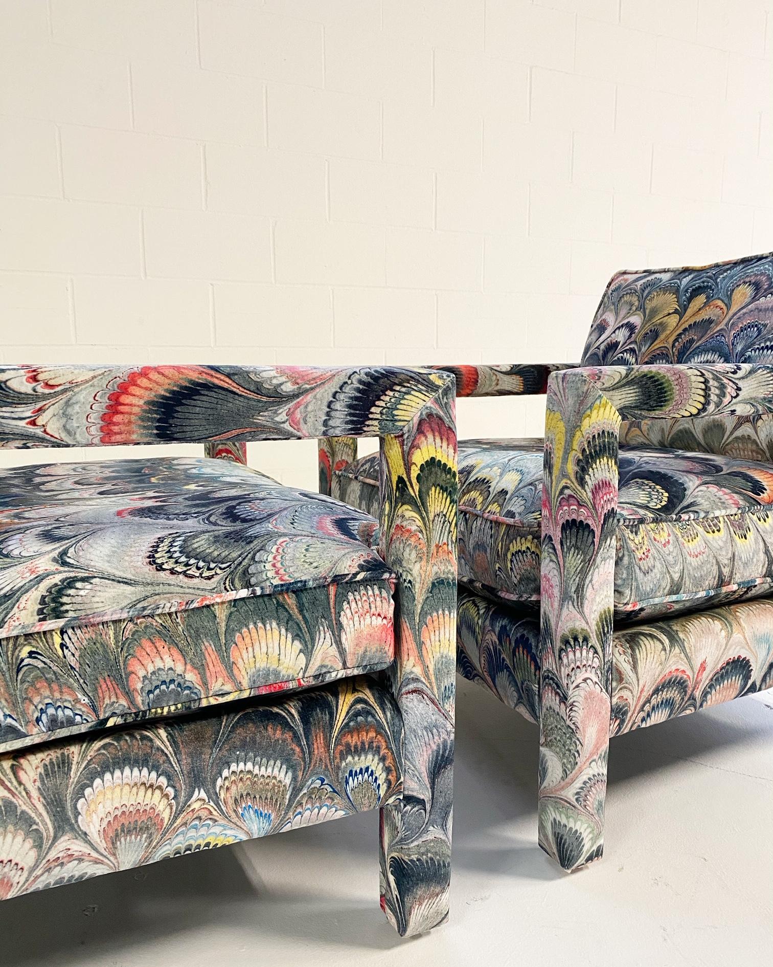 American Milo Baughman Style Parsons Chairs in Beata Heuman Marbleized Velvet