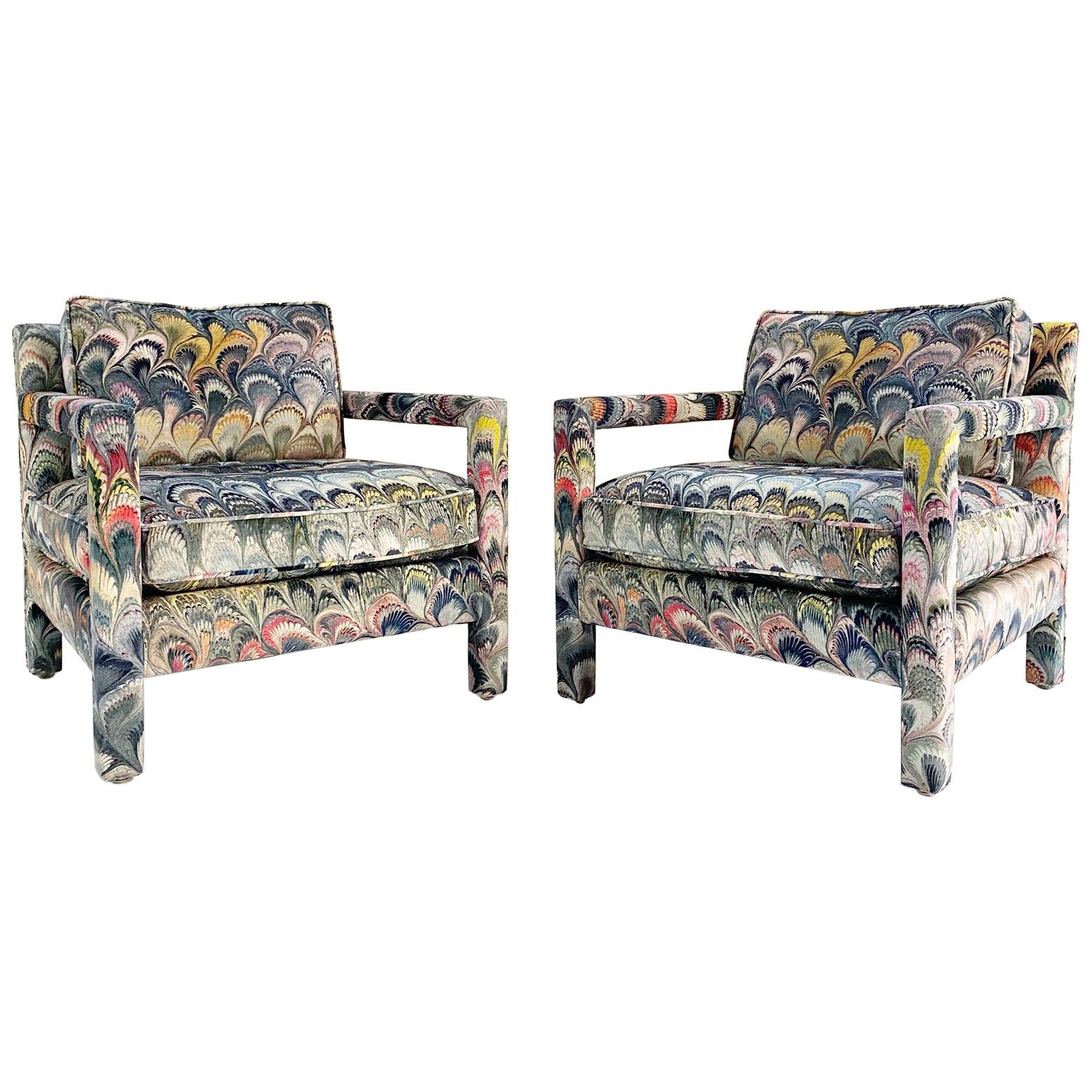 Milo Baughman Style Parsons Chairs in Beata Heuman Marbleized Velvet
