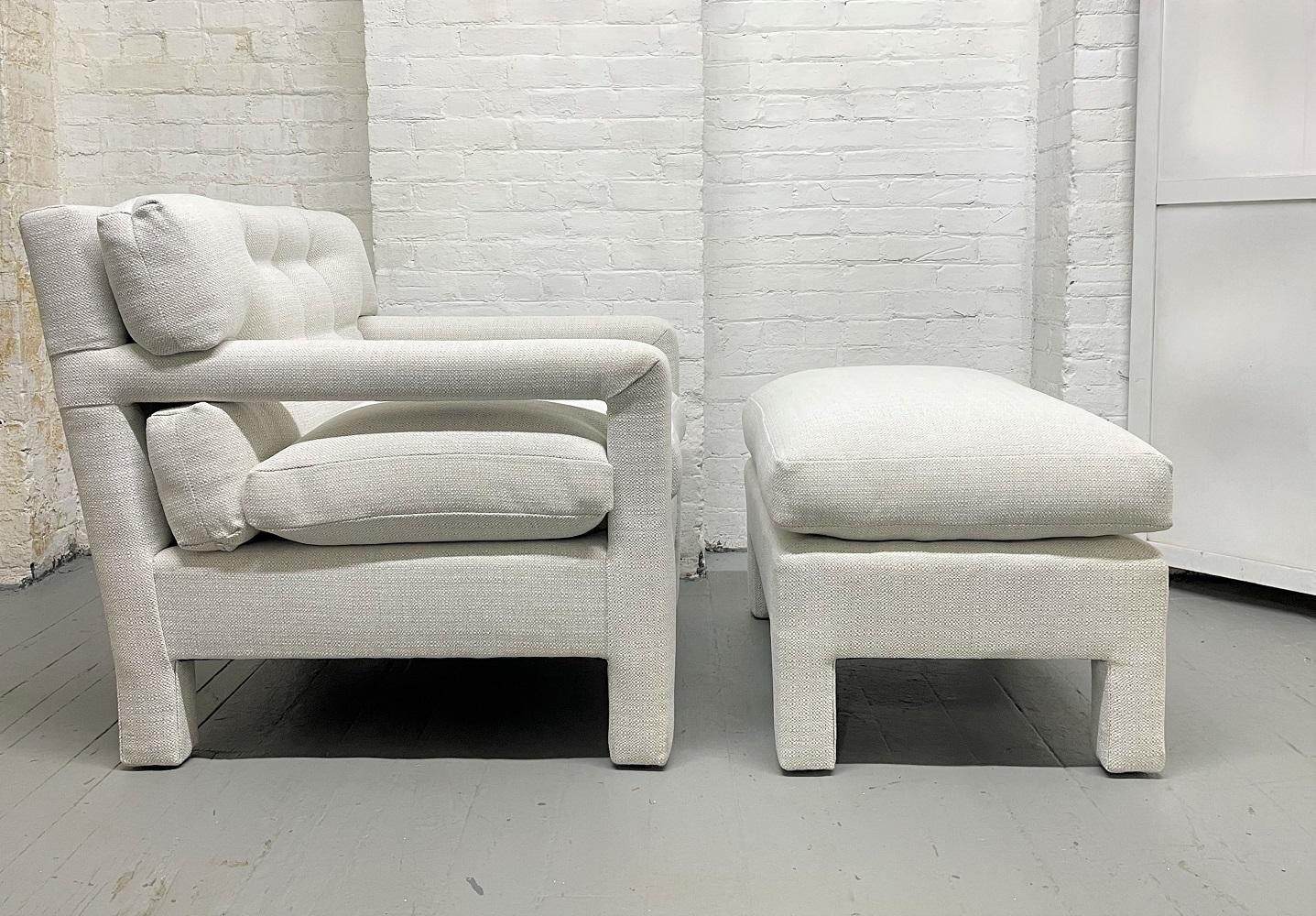 Milo Baughman style Parsons lounge chair and matching ottoman. Tufted back and newly upholstered. Mid-Century Modern.

Measures (chair): 34 D x 33 W x 31 H. Ottoman: 33 W x 18.5 H x 21.5 D. Arm height 22.5 H.