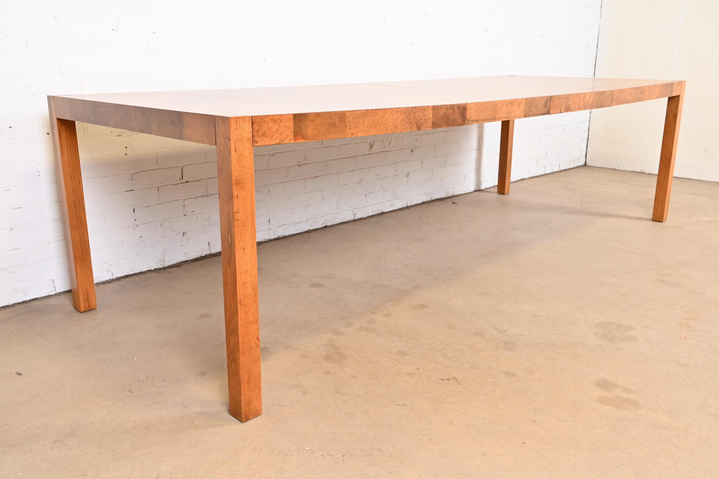 American Milo Baughman Style Patchwork Burl Wood Parsons Dining Table, Newly Refinished For Sale