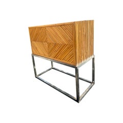 Milo Baughman Style Rattan Bamboo Cabinet on Chrome Base in Mid Century Modern