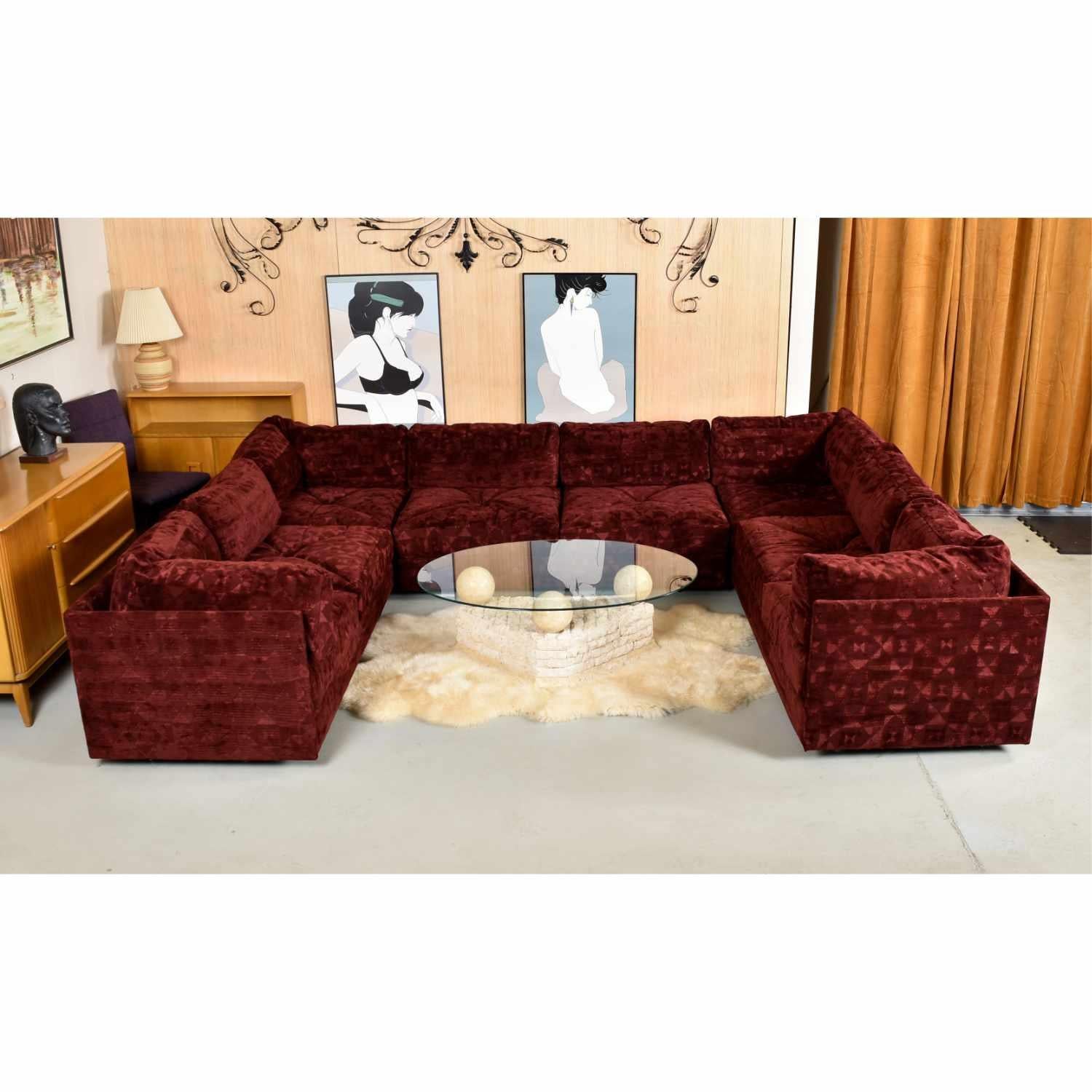 Velvet Milo Baughman Style Red Velour Three-Piece Sectional Sofa Set by Aven Rich For Sale