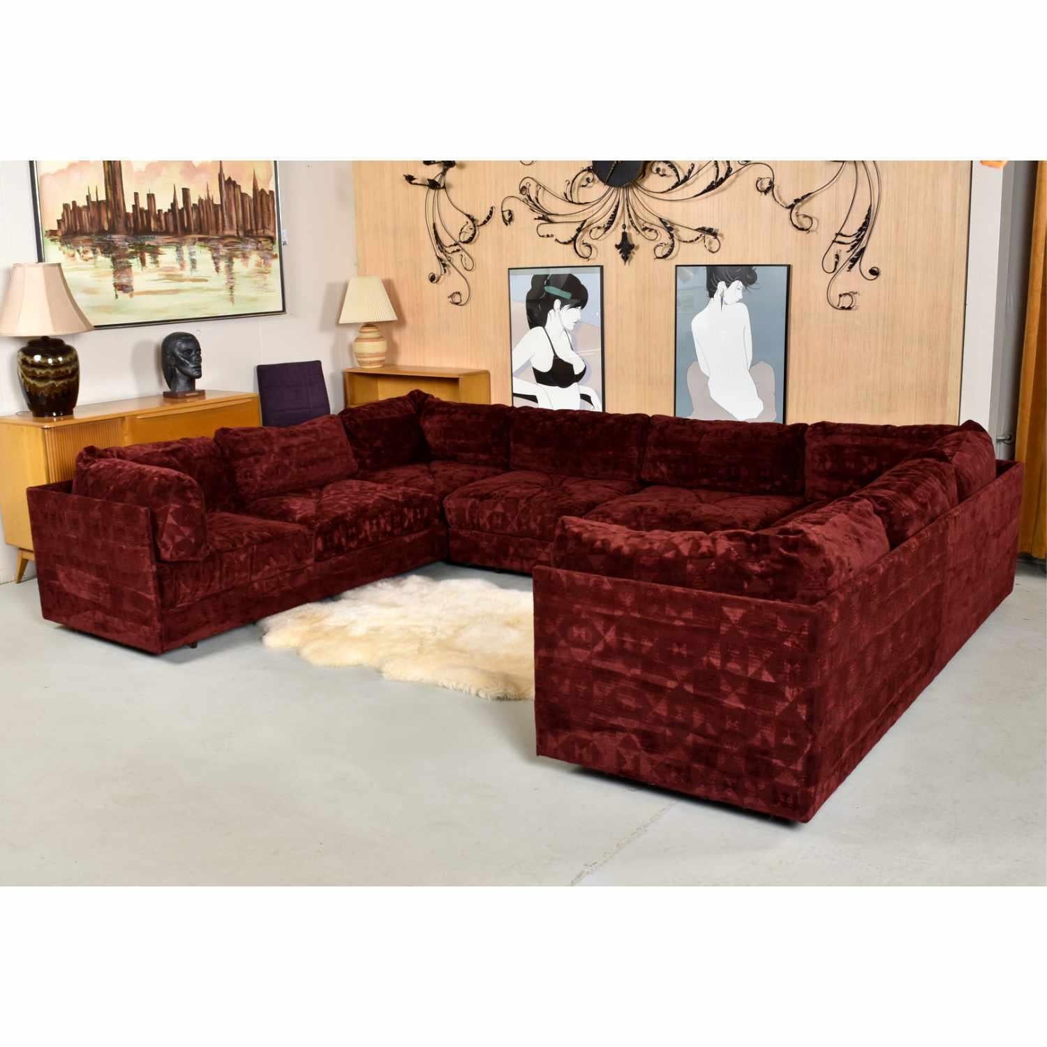 Milo Baughman Style Red Velour Three-Piece Sectional Sofa Set by Aven Rich For Sale 1