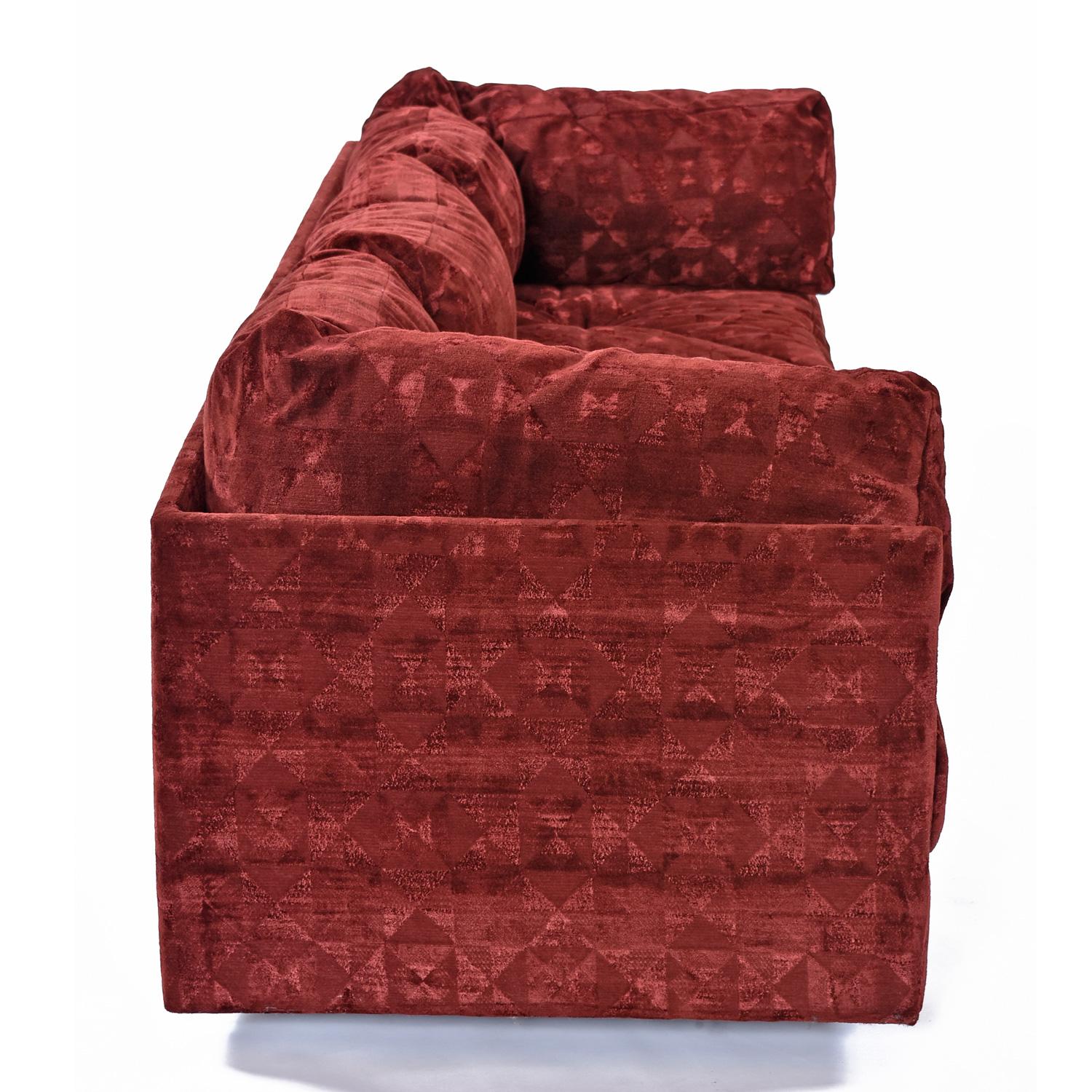 Milo Baughman Style Red Velour Three-Piece Sectional Sofa Set by Aven Rich For Sale 3