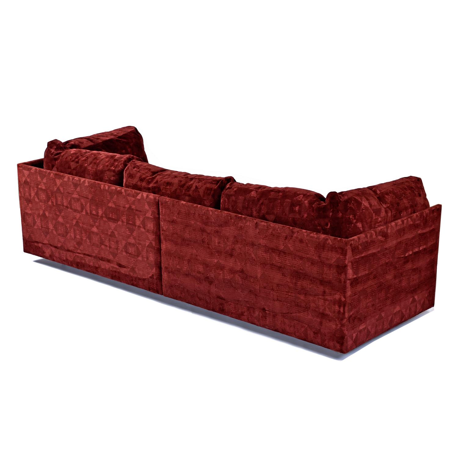 Mid-Century Modern Milo Baughman Style Red Velour Three-Piece Sectional Sofa Set by Aven Rich For Sale