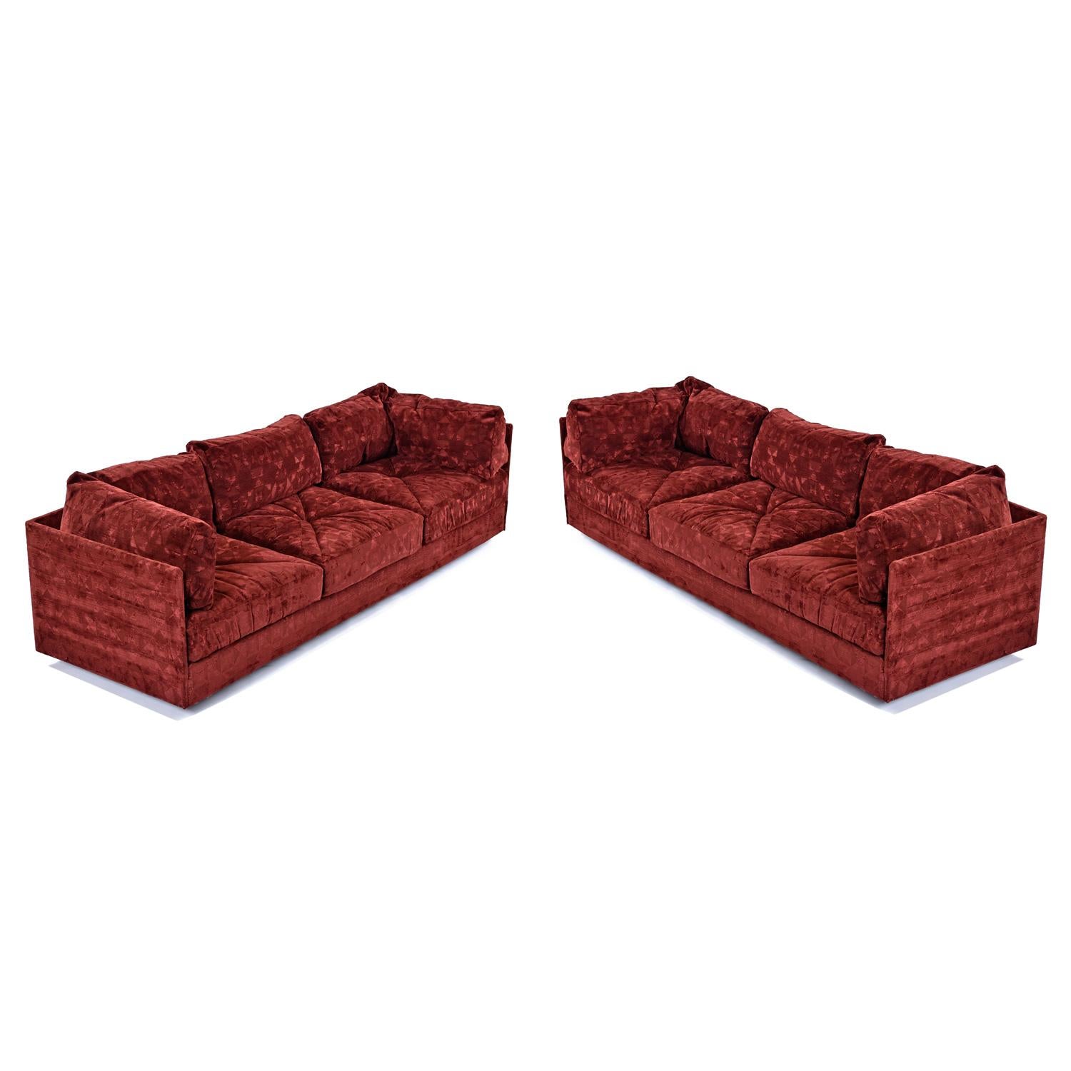 American Milo Baughman Style Red Velour Three-Piece Sectional Sofa Set by Aven Rich For Sale