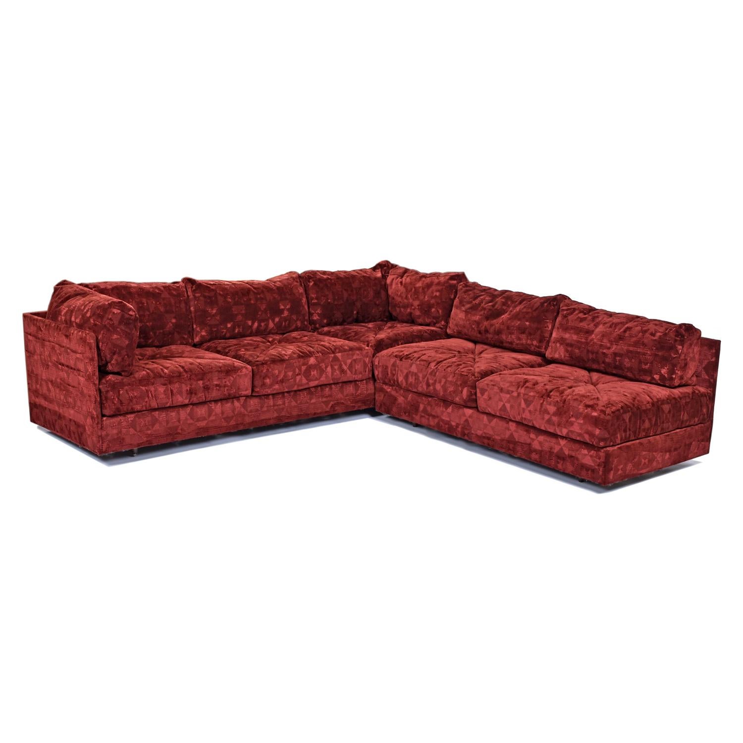 Milo Baughman Style Red Velour Three-Piece Sectional Sofa Set by Aven Rich In Good Condition For Sale In Chattanooga, TN
