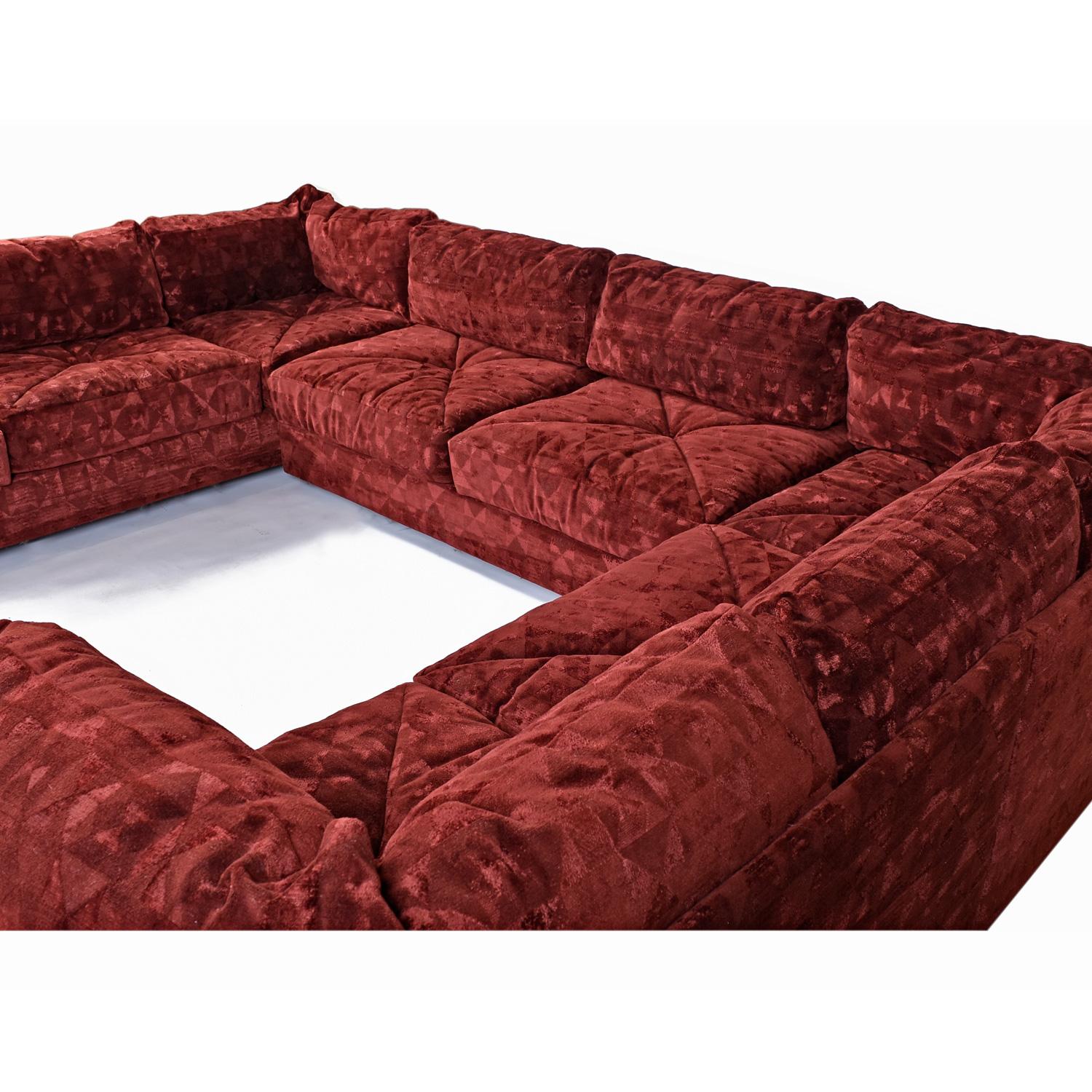 Late 20th Century Milo Baughman Style Red Velour Three-Piece Sectional Sofa Set by Aven Rich For Sale
