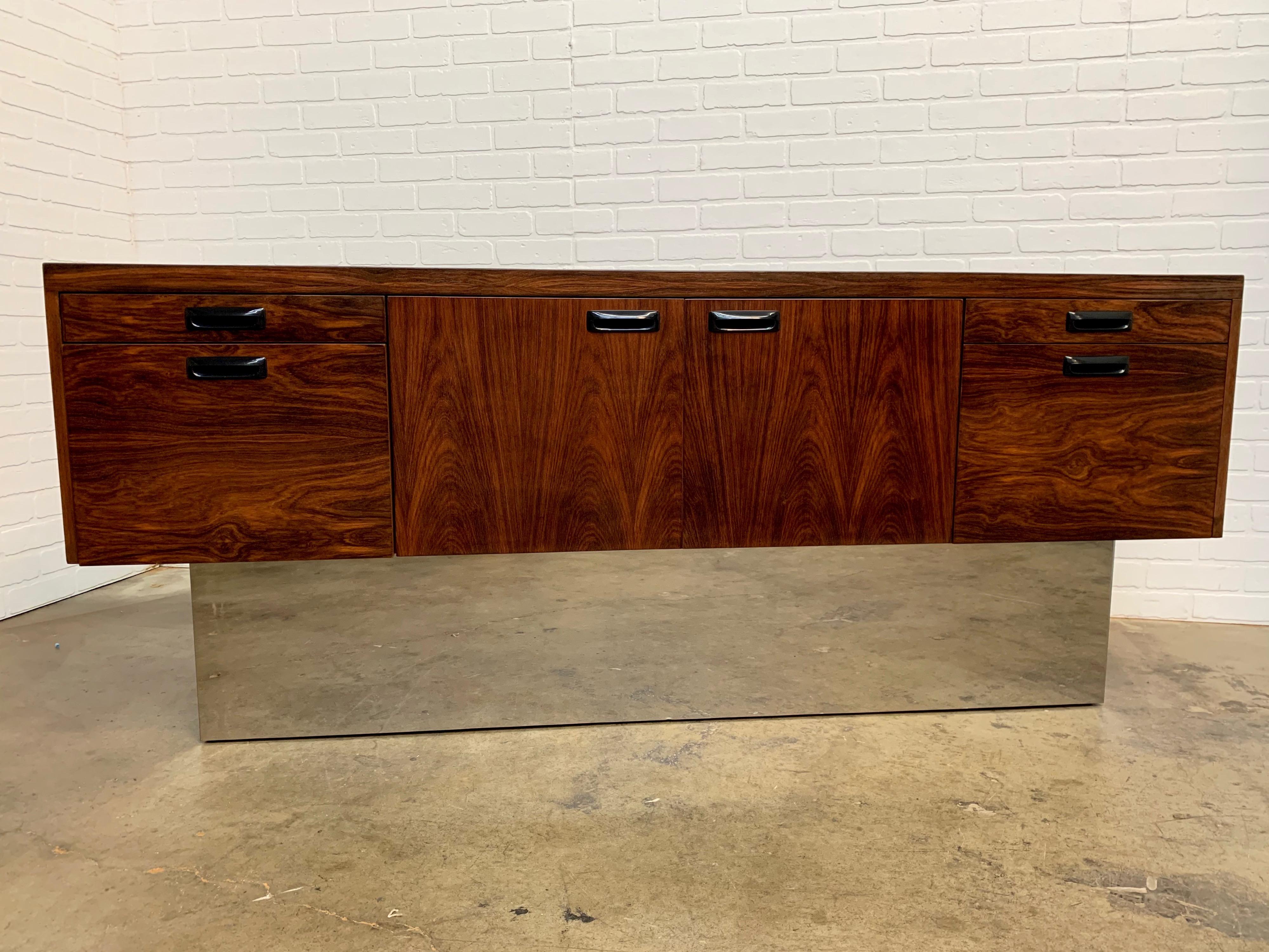 North American Milo Baughman Style Rosewood with Chrome Plinth Credenza