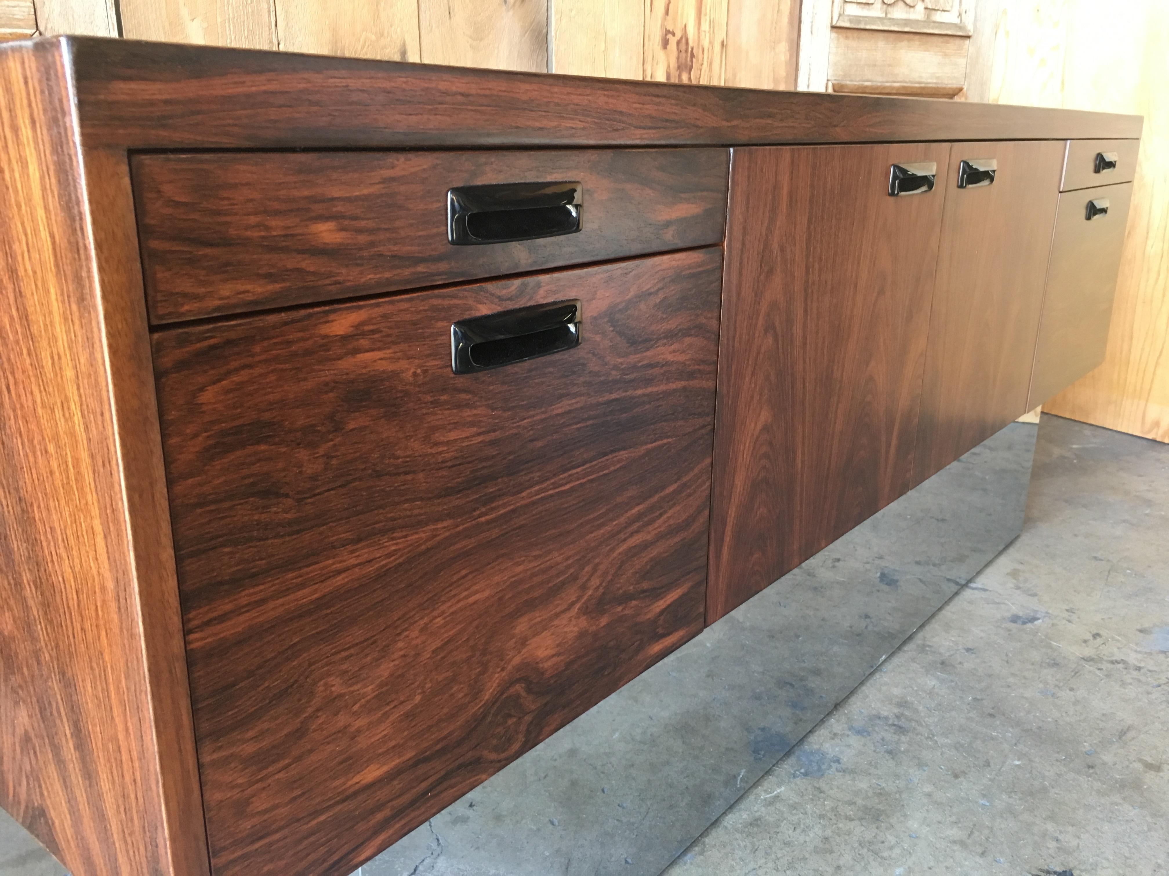 20th Century Milo Baughman Style Rosewood with Chrome Plinth Credenza