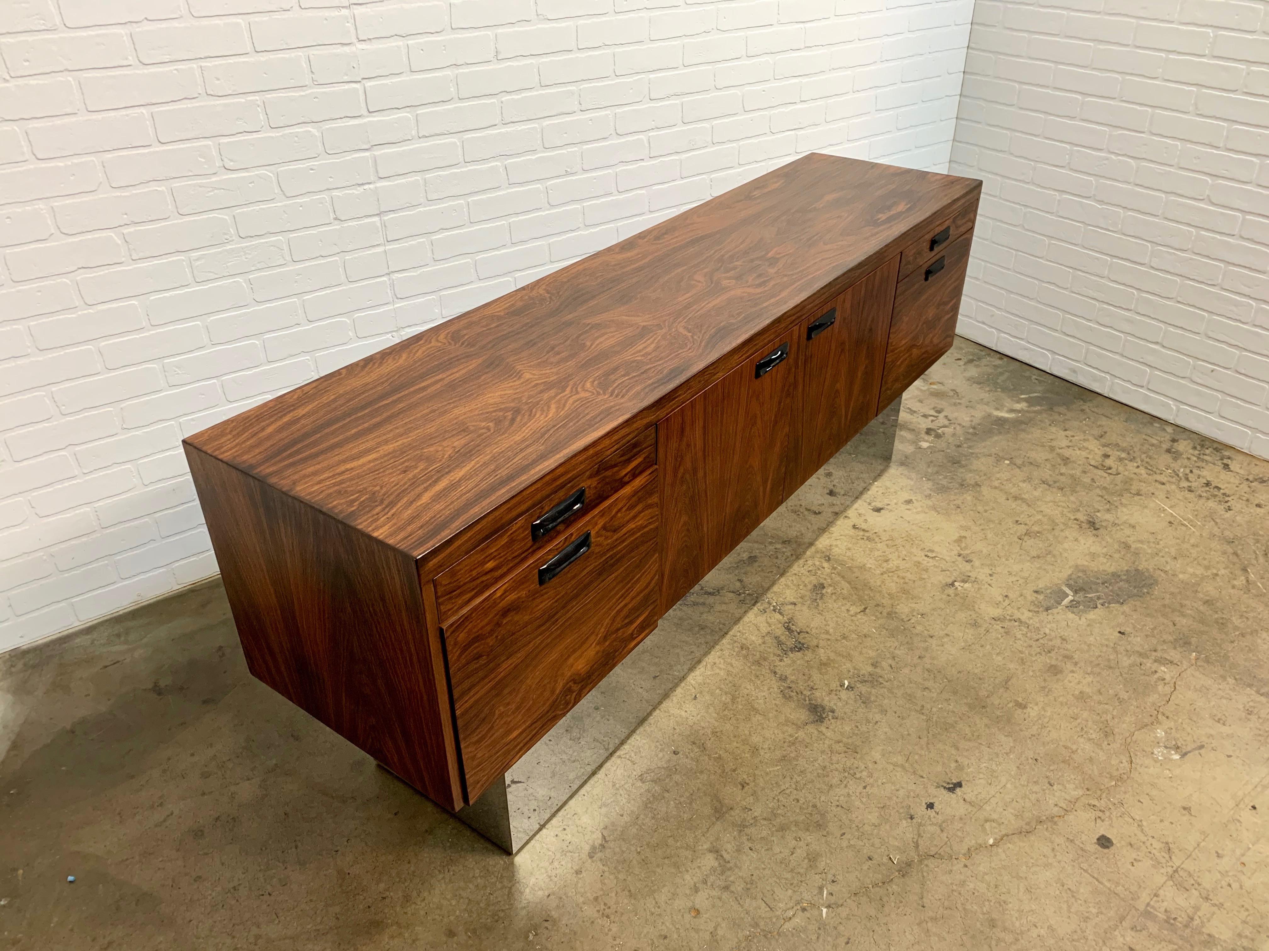 Milo Baughman Style Rosewood with Chrome Plinth Credenza 1