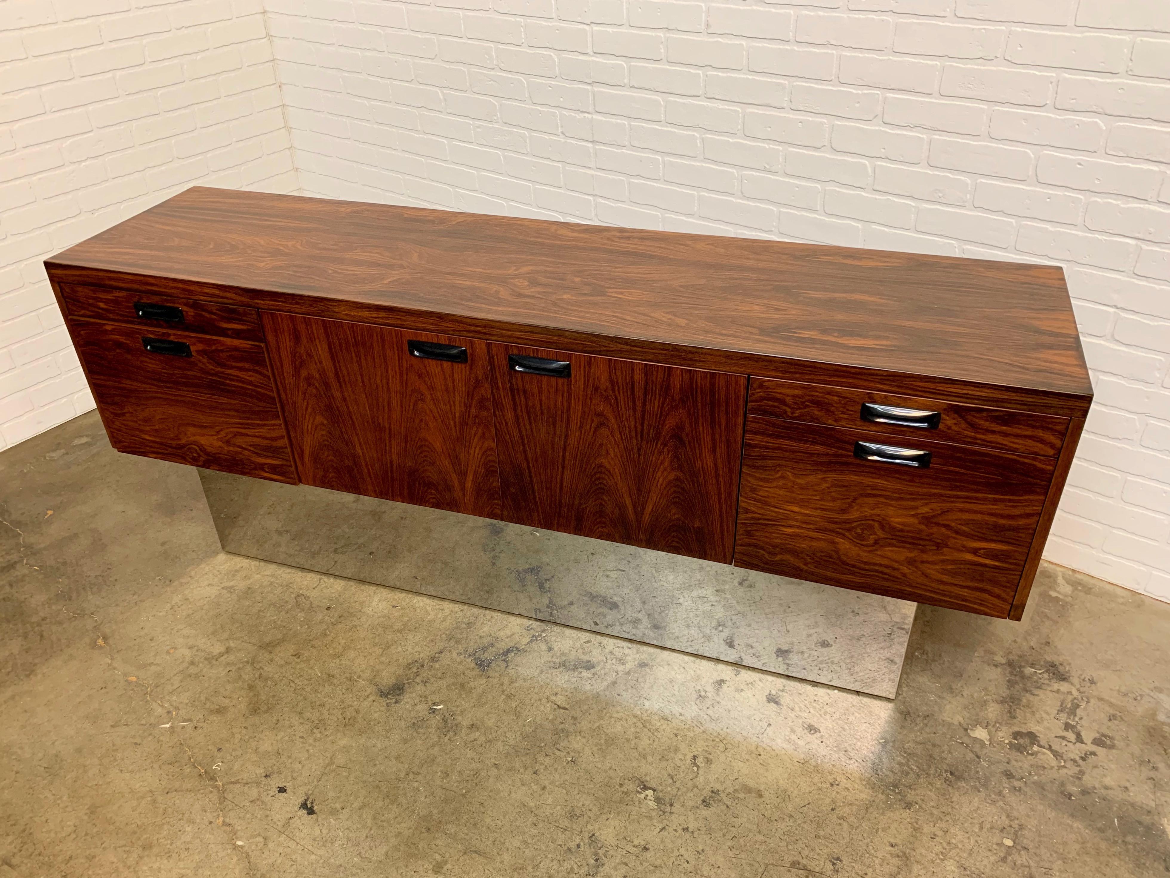 Milo Baughman Style Rosewood with Chrome Plinth Credenza 2