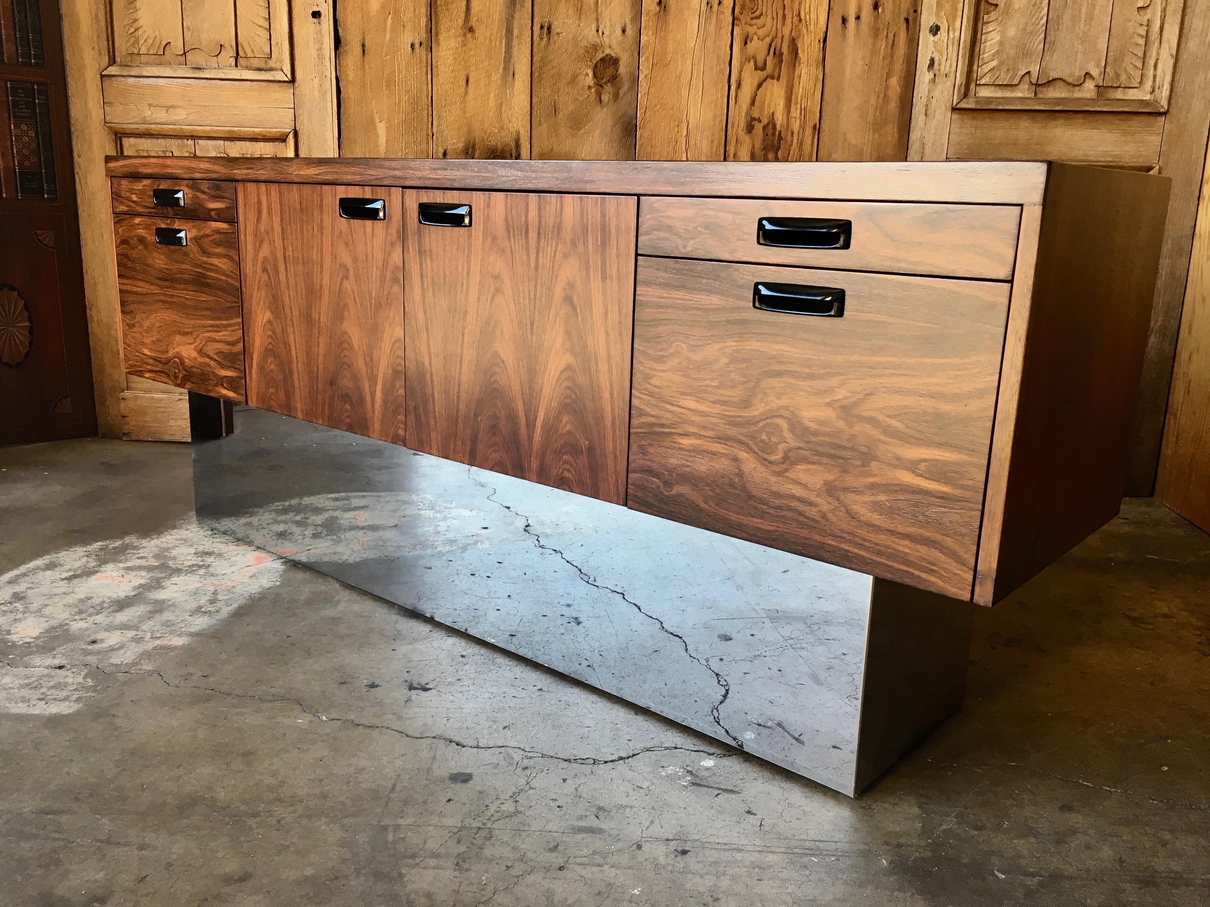 Milo Baughman Style Rosewood with Chrome Plinth Credenza 3