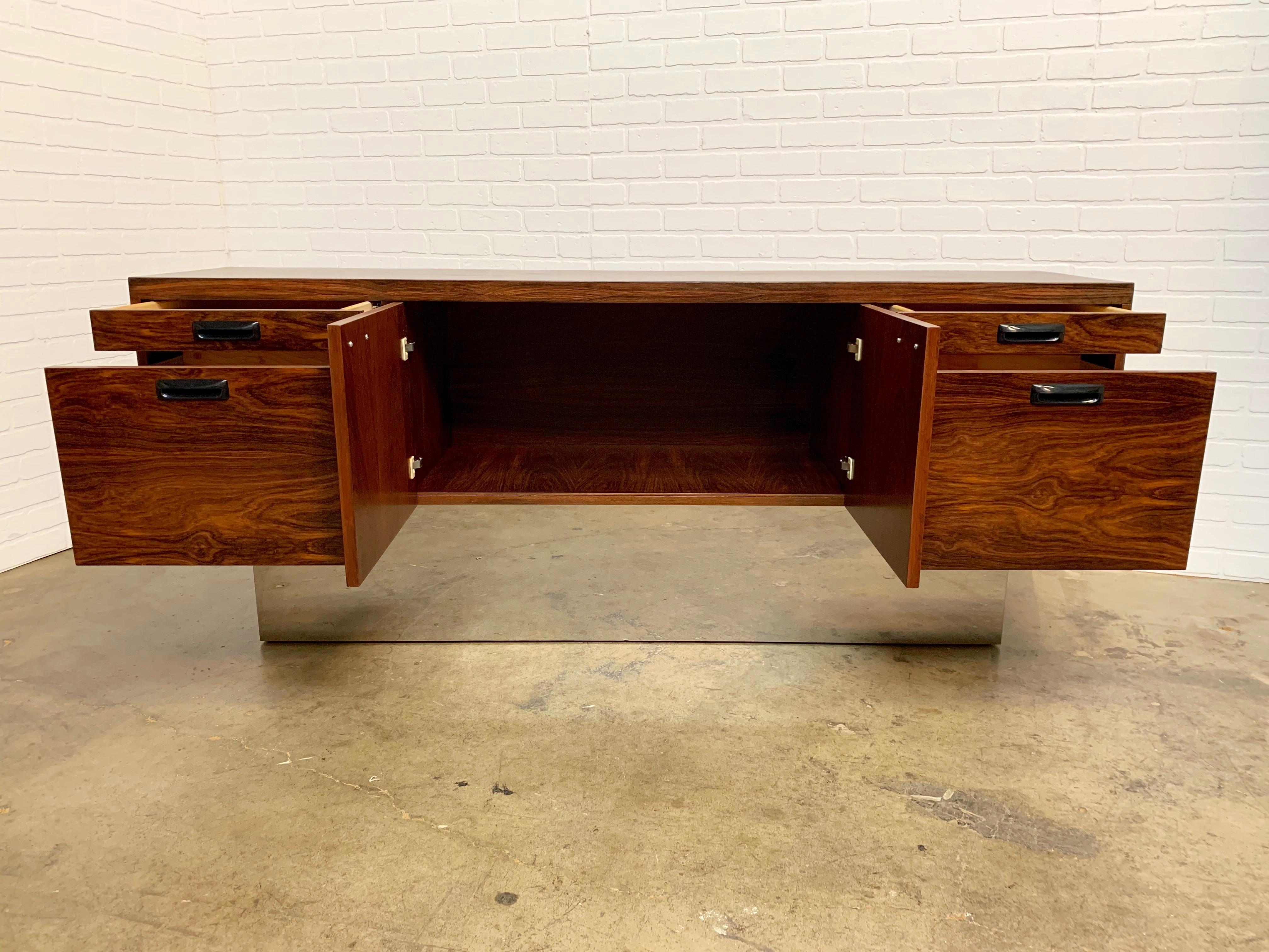 Milo Baughman Style Rosewood with Chrome Plinth Credenza 3