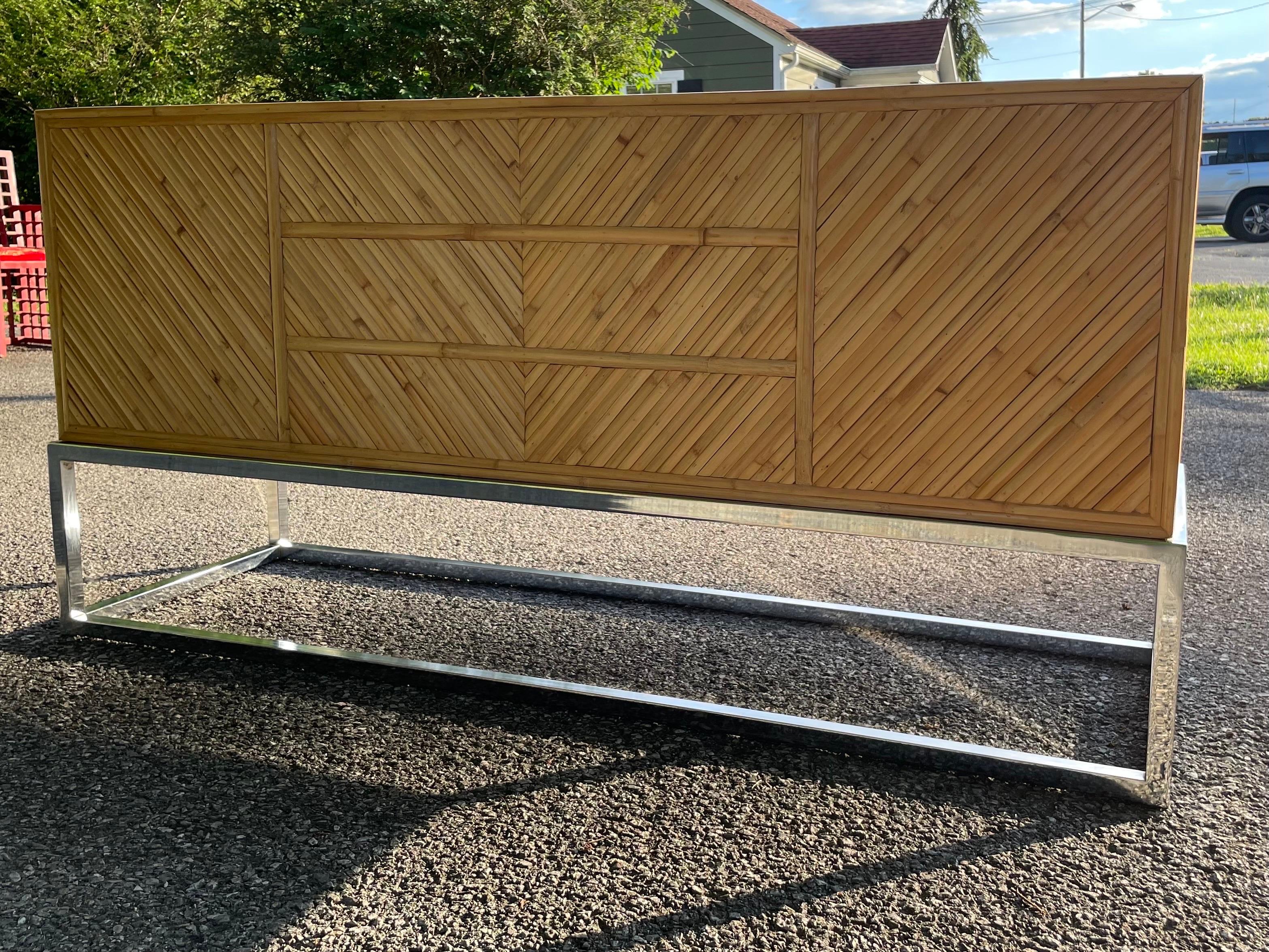 Milo Baughman Style Split Pencil Reed Bamboo and Chrome Credenza In Good Condition For Sale In Roanoke, VA