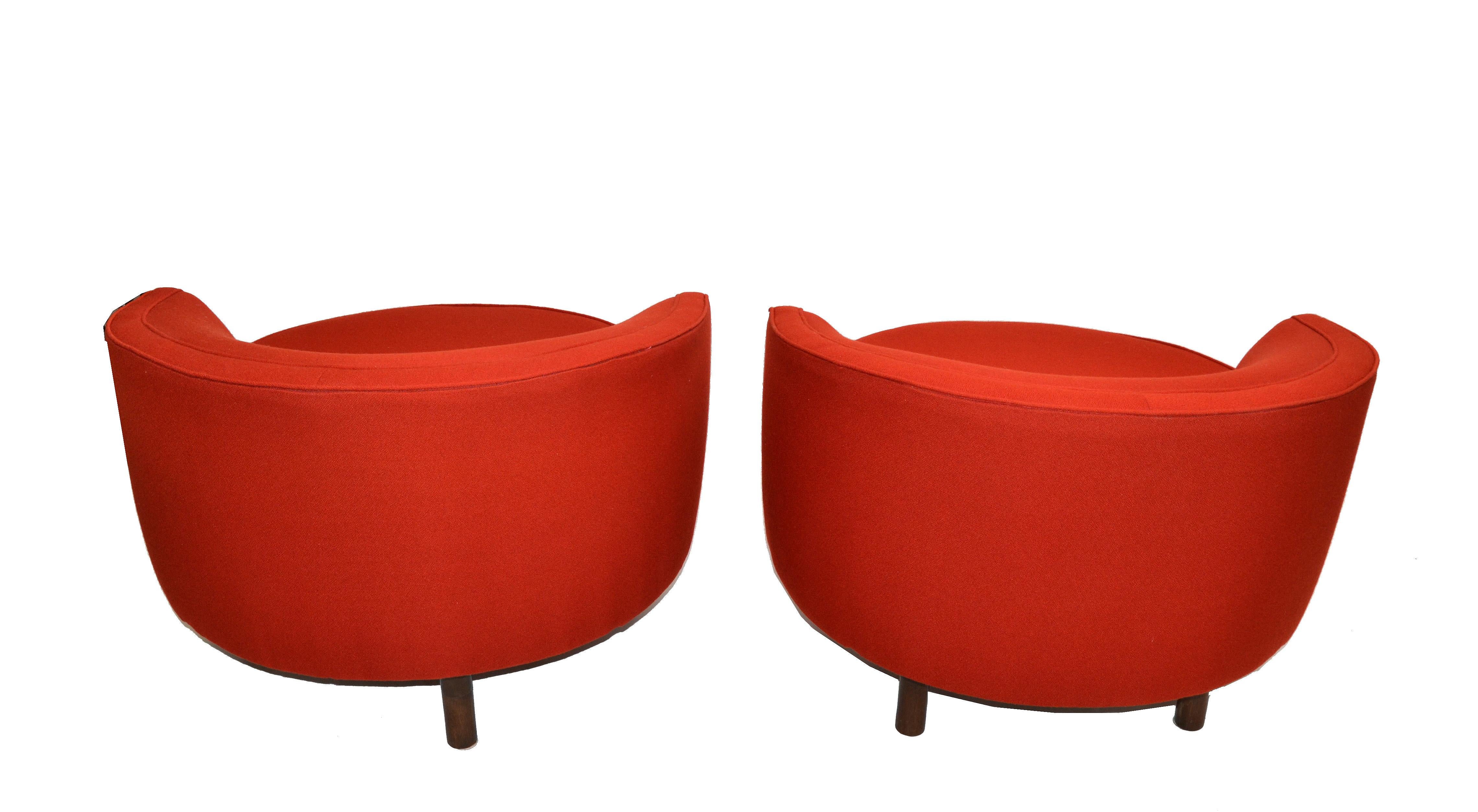 Milo Baughman Style Swivel Chair Walnut Base & Red Italian Bouclé Fabric, Pair For Sale 3
