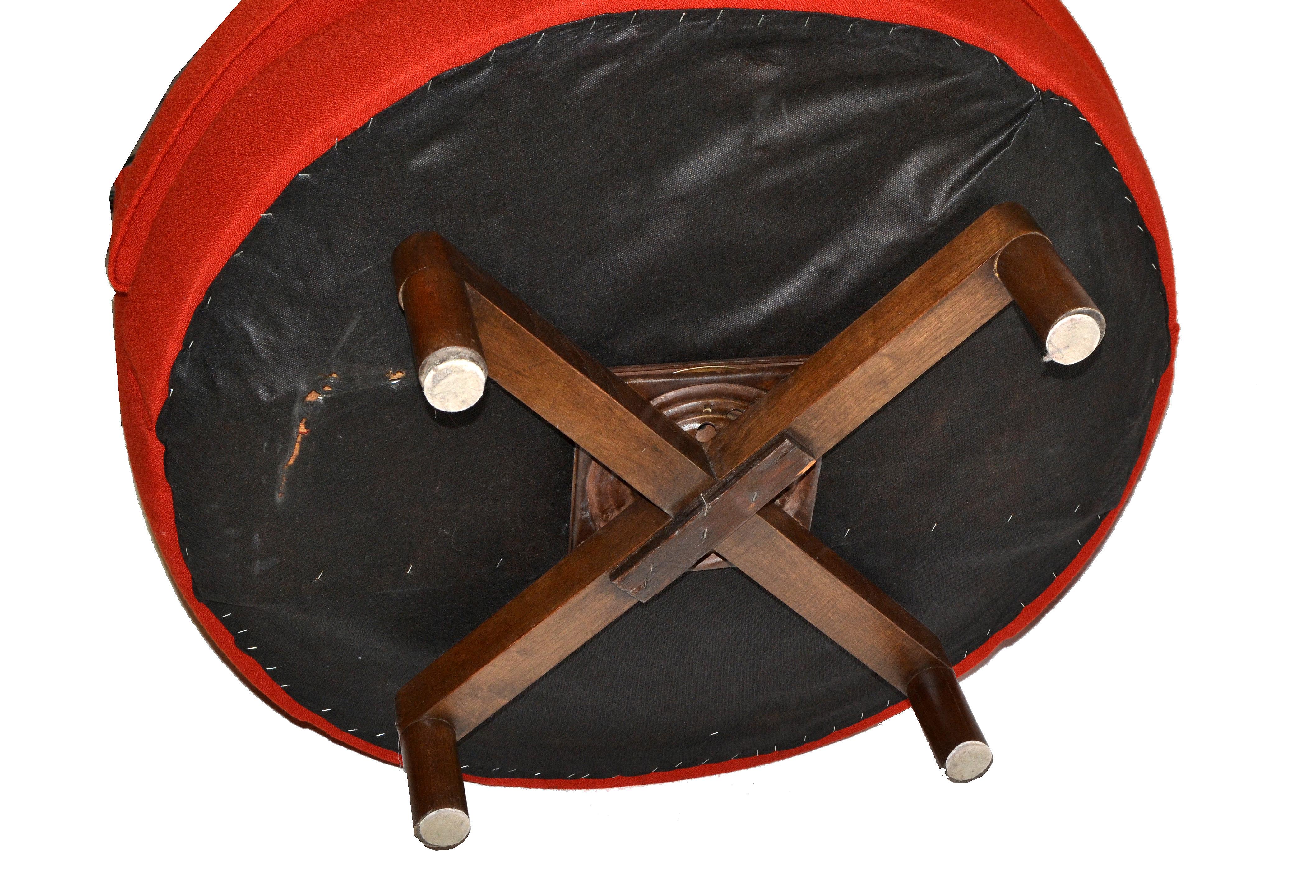 Milo Baughman Style Swivel Chair Walnut Base & Red Italian Bouclé Fabric, Pair For Sale 2