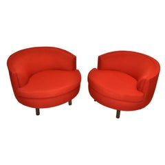 Milo Baughman Style Swivel Chair Walnut Base & Red Italian Bouclé Fabric, Pair