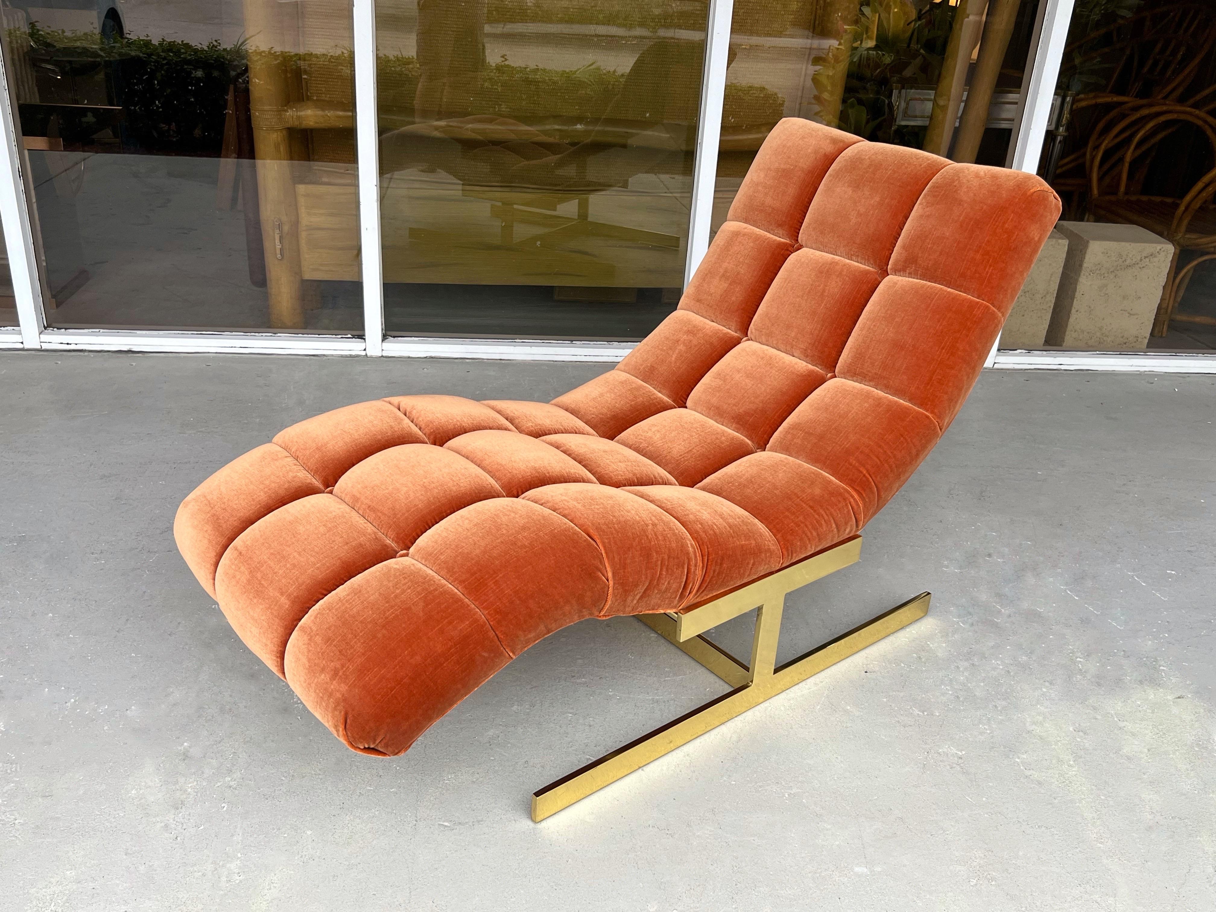 Milo Baughman Style Tufted Velvet and Brass Wave Chaise 1970s 4