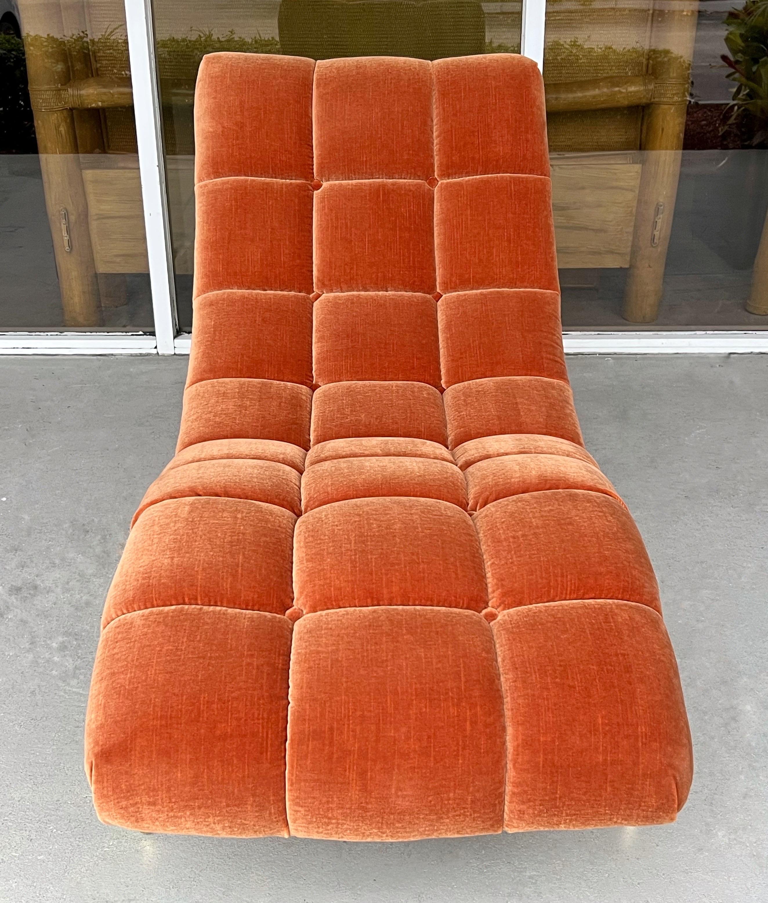 American Milo Baughman Style Tufted Velvet and Brass Wave Chaise 1970s