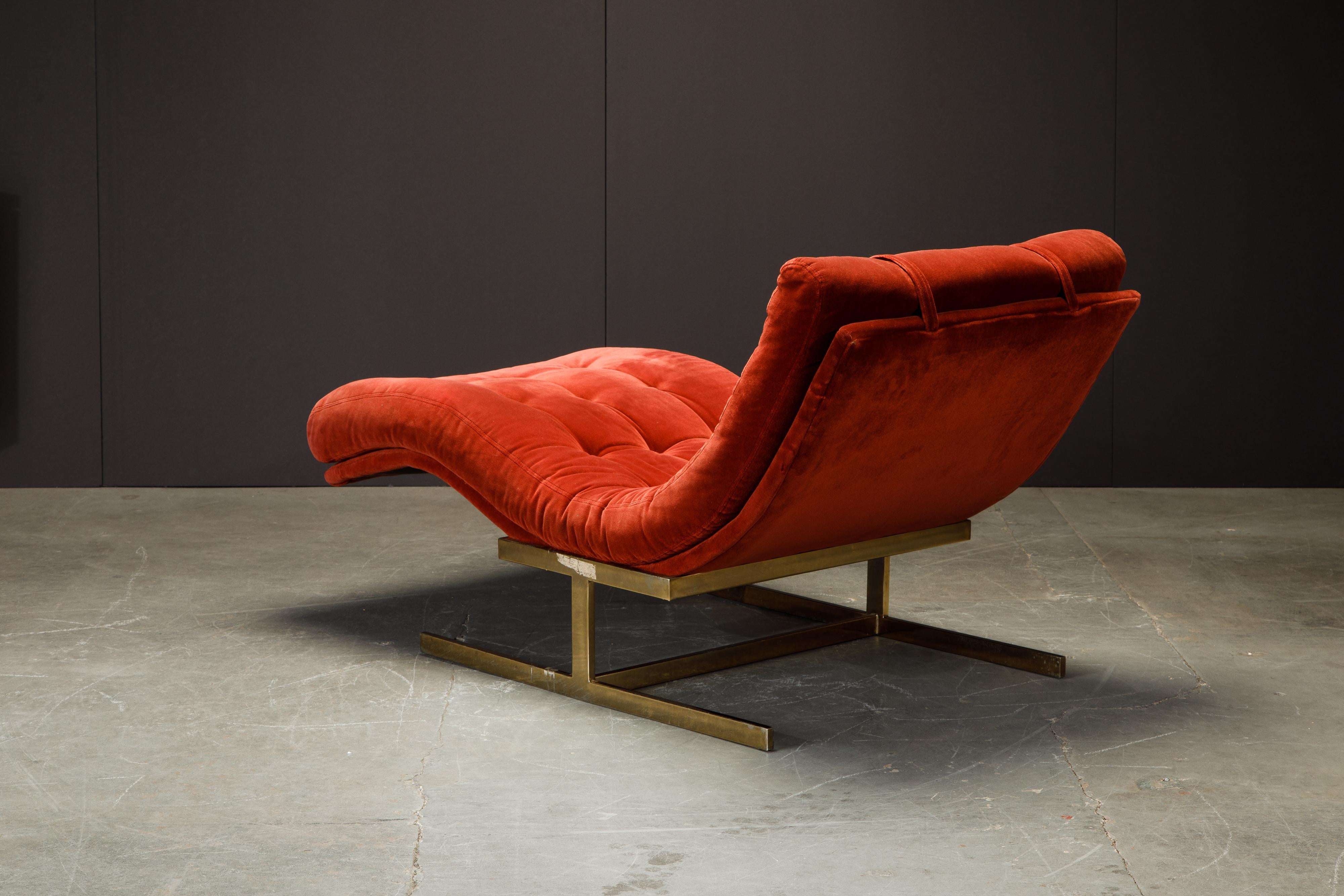 Milo Baughman Style Tufted Velvet and Brass Wave Chaise, circa 1970s 4