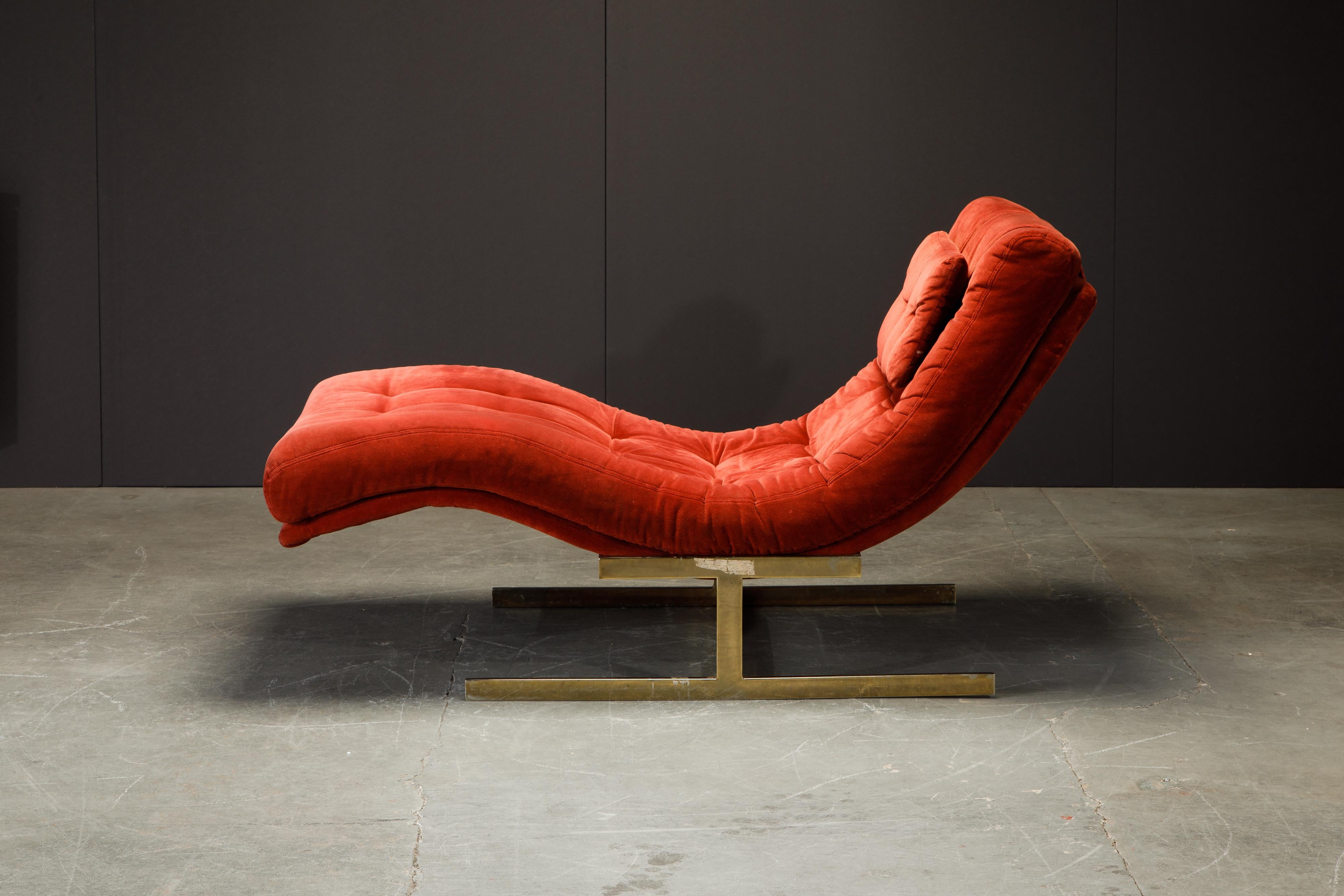 Milo Baughman Style Tufted Velvet and Brass Wave Chaise, circa 1970s 5