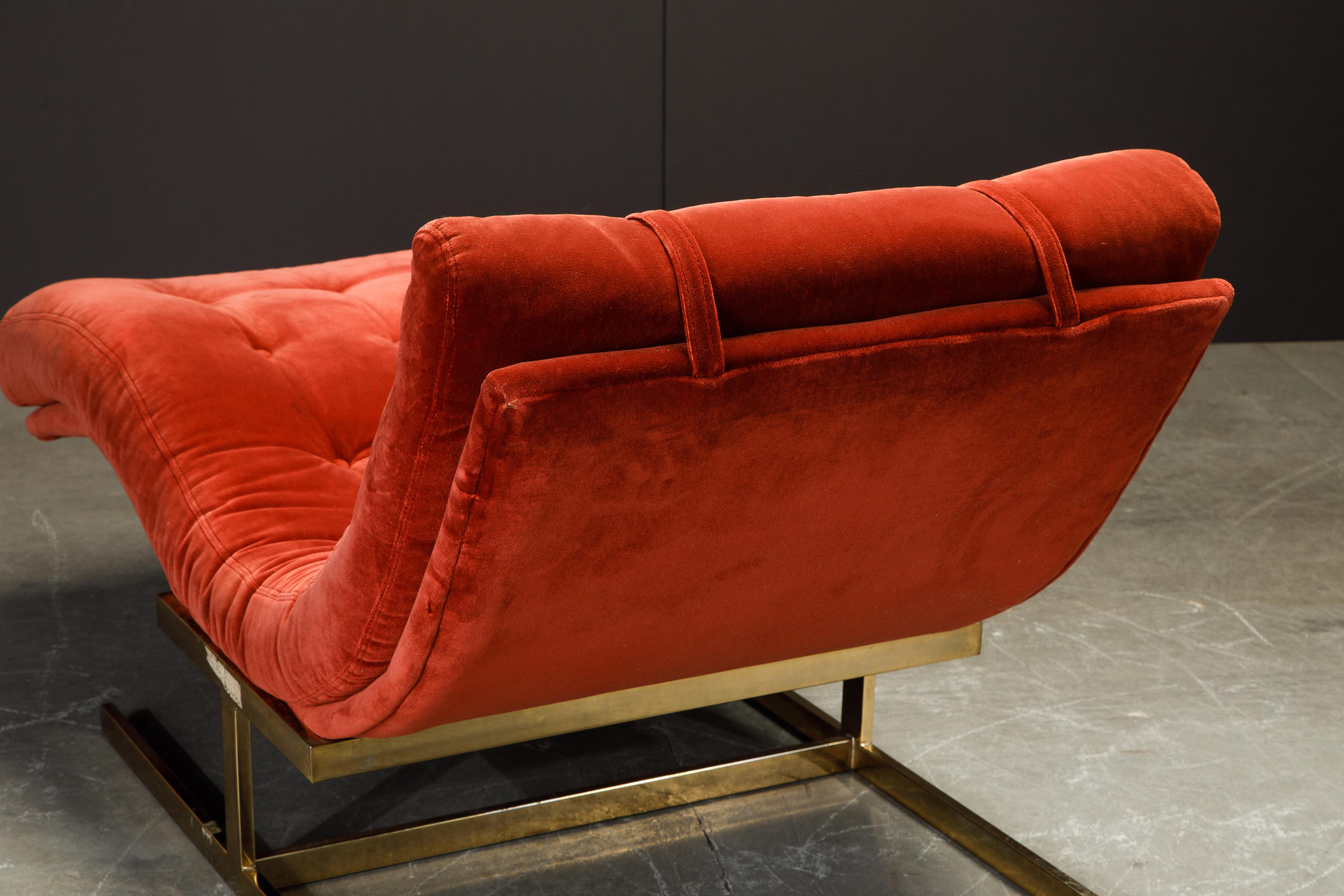 Milo Baughman Style Tufted Velvet and Brass Wave Chaise, circa 1970s 9