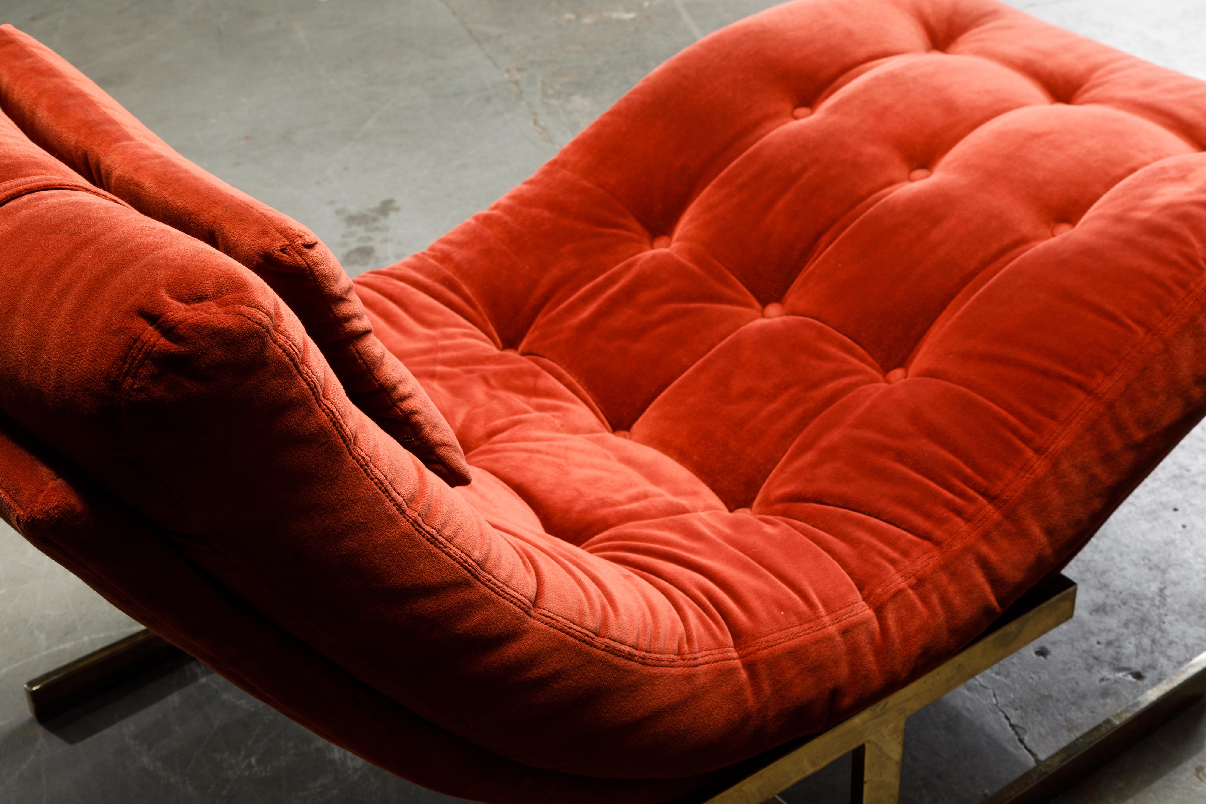 Milo Baughman Style Tufted Velvet and Brass Wave Chaise, circa 1970s 11