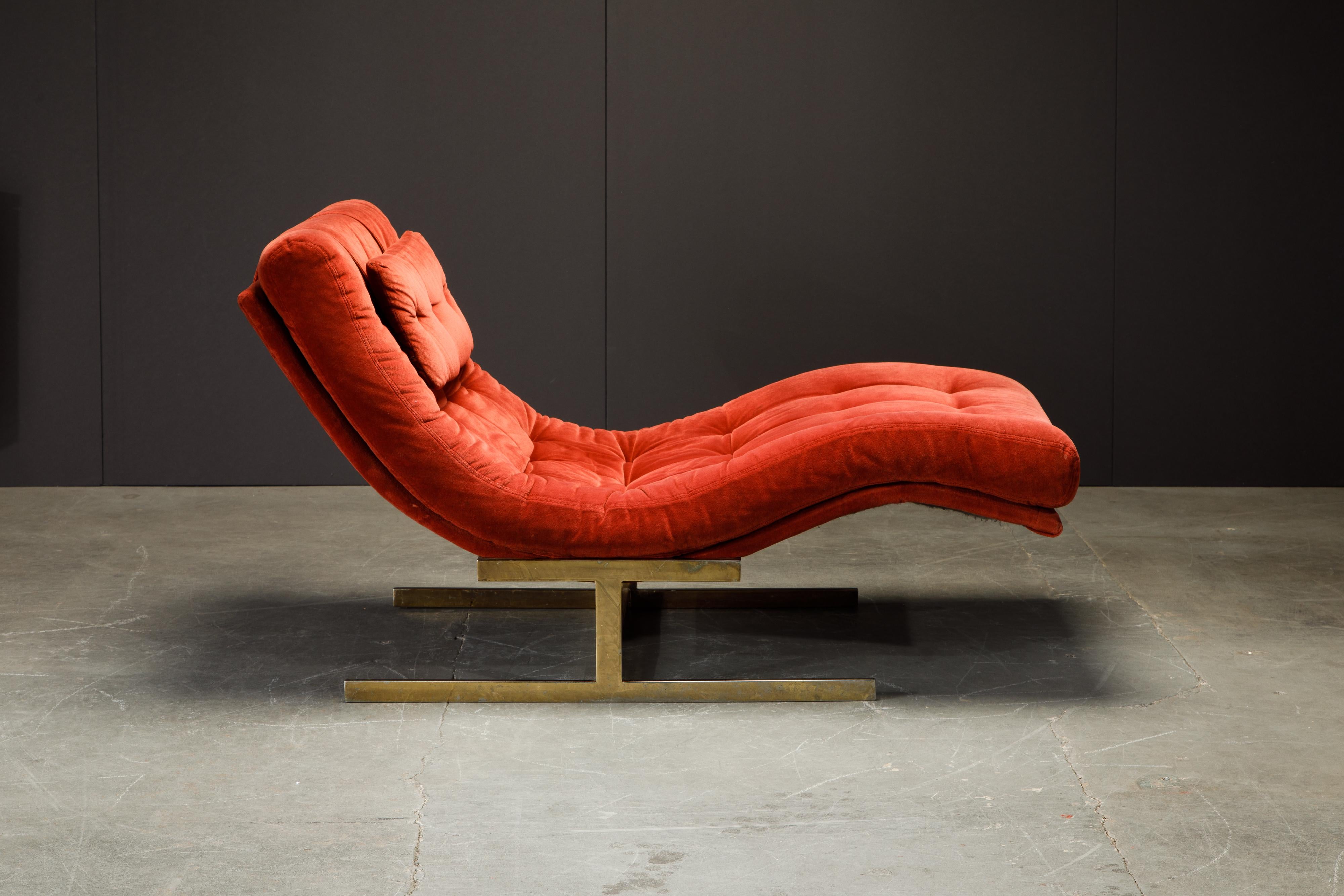 Milo Baughman Style Tufted Velvet and Brass Wave Chaise, circa 1970s 1