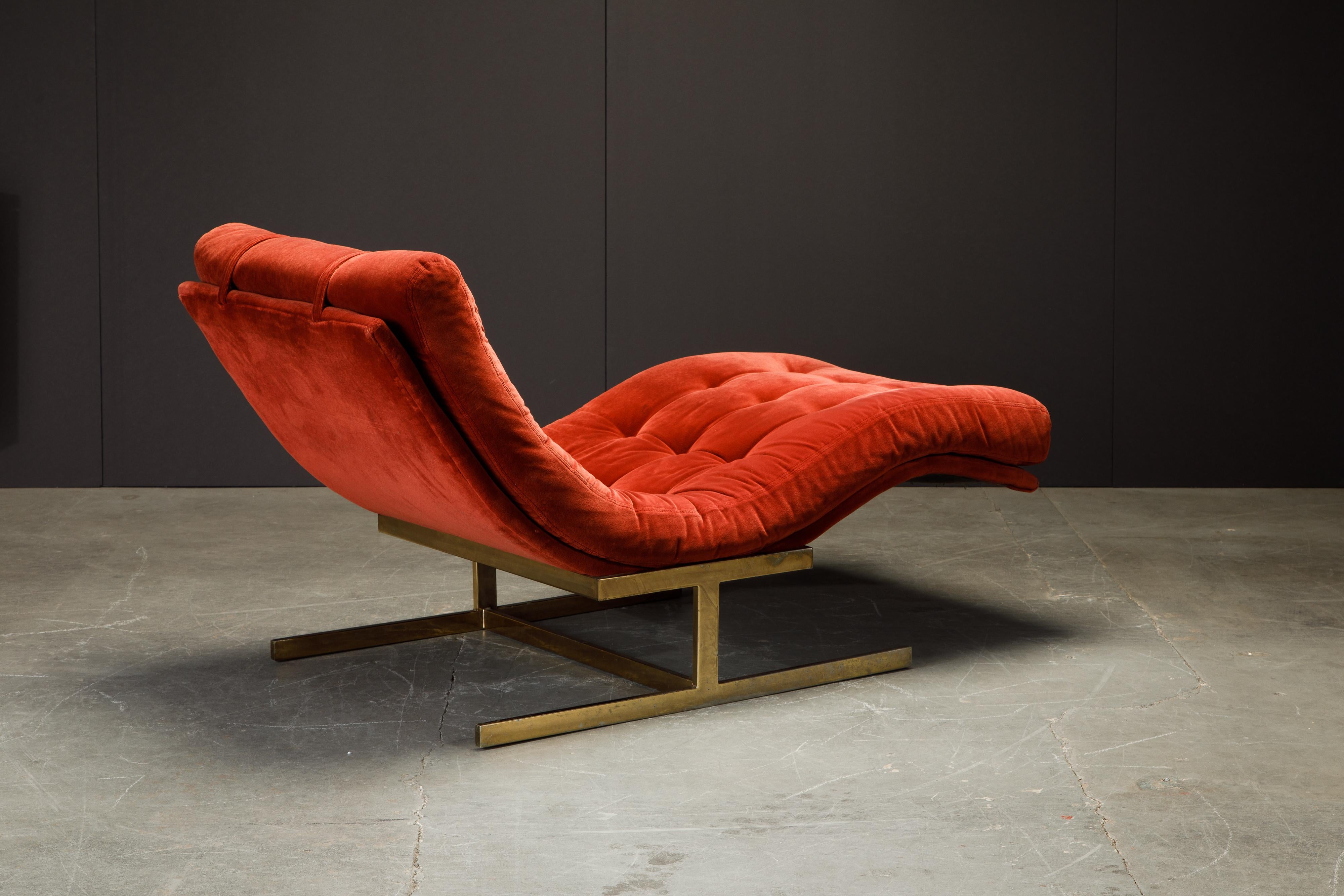 Milo Baughman Style Tufted Velvet and Brass Wave Chaise, circa 1970s 2