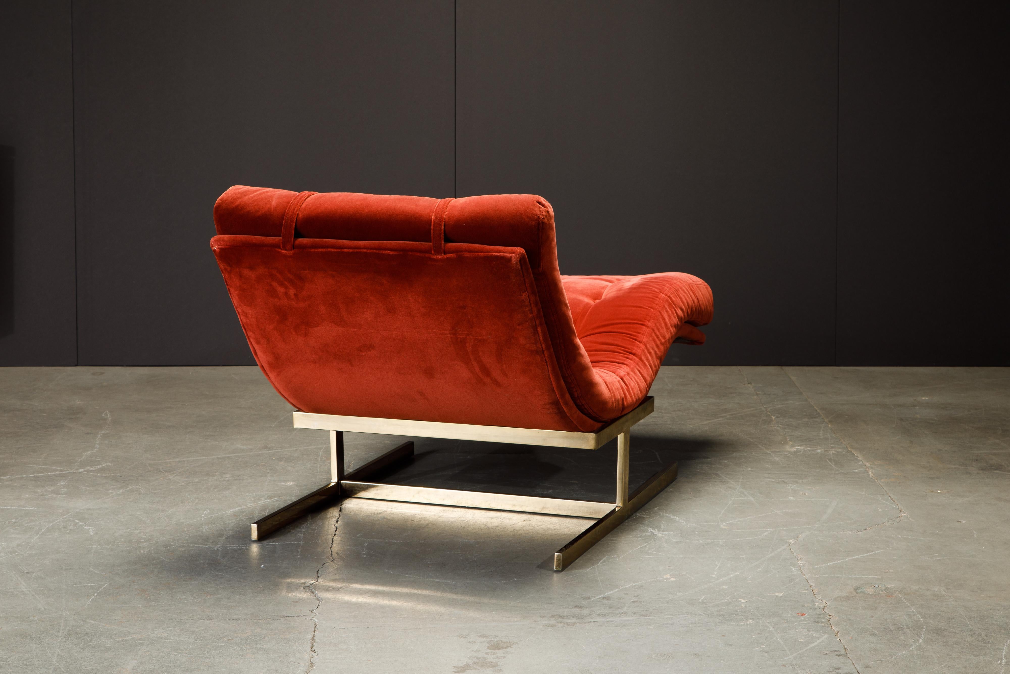 Milo Baughman Style Tufted Velvet and Brass Wave Chaise, circa 1970s 3