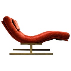 Milo Baughman Style Tufted Velvet and Brass Wave Chaise, circa 1970s