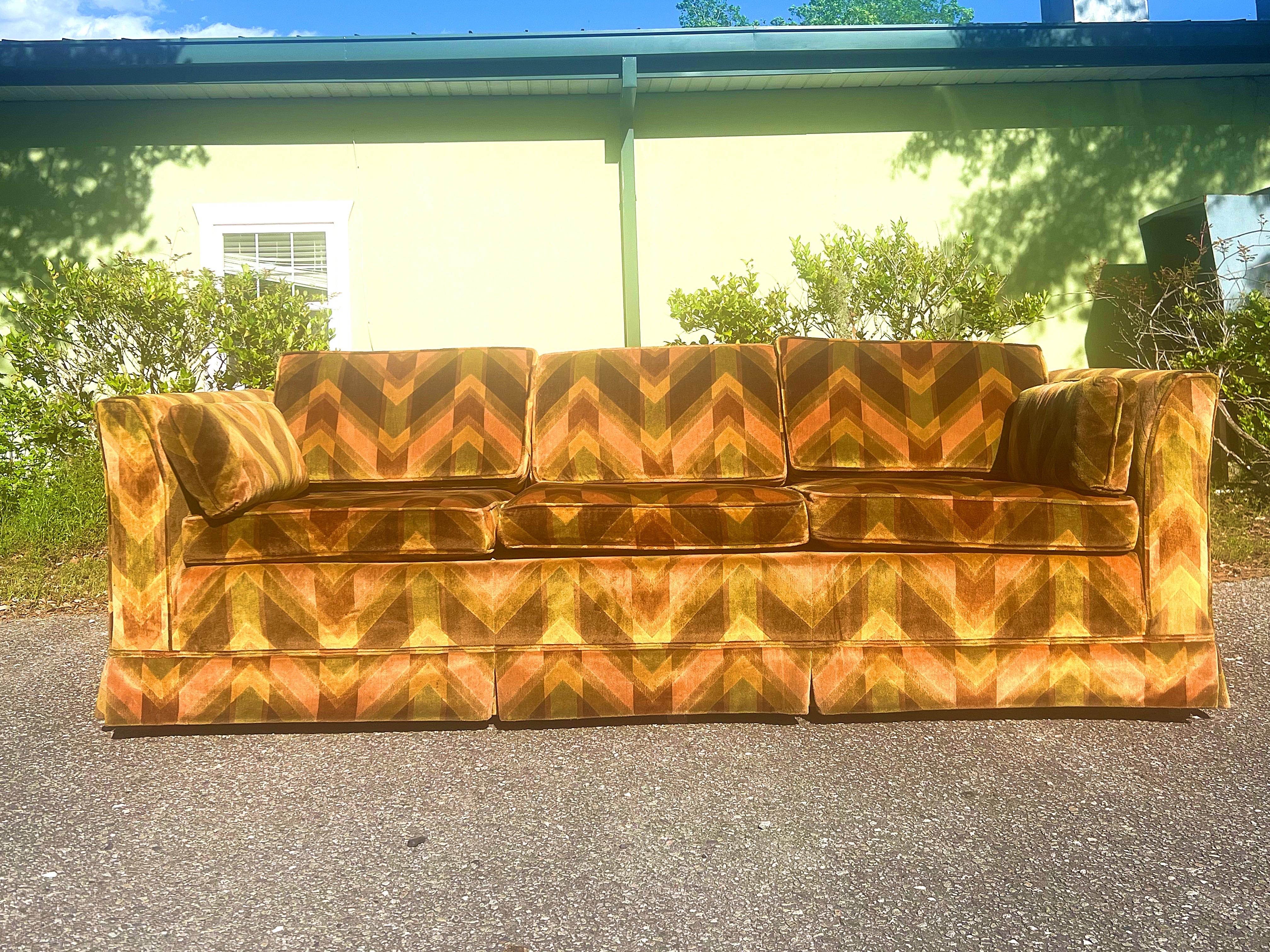 1970s milo baughman style sofa with jack lenor larsen chevron upholstery