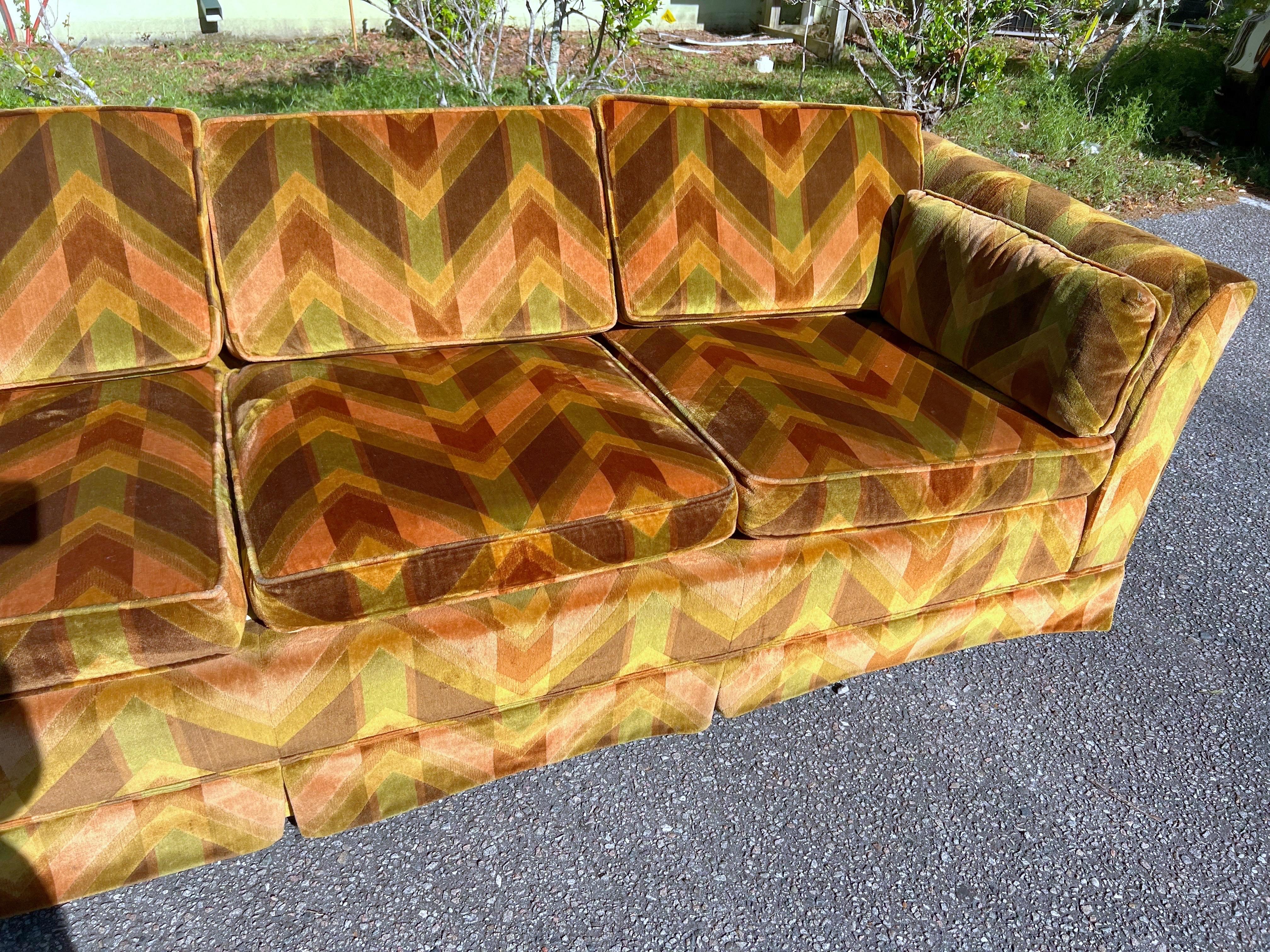Milo baughman style tuxedo sofa in jack Lenore Larsen fabric  In Good Condition For Sale In Charleston, SC