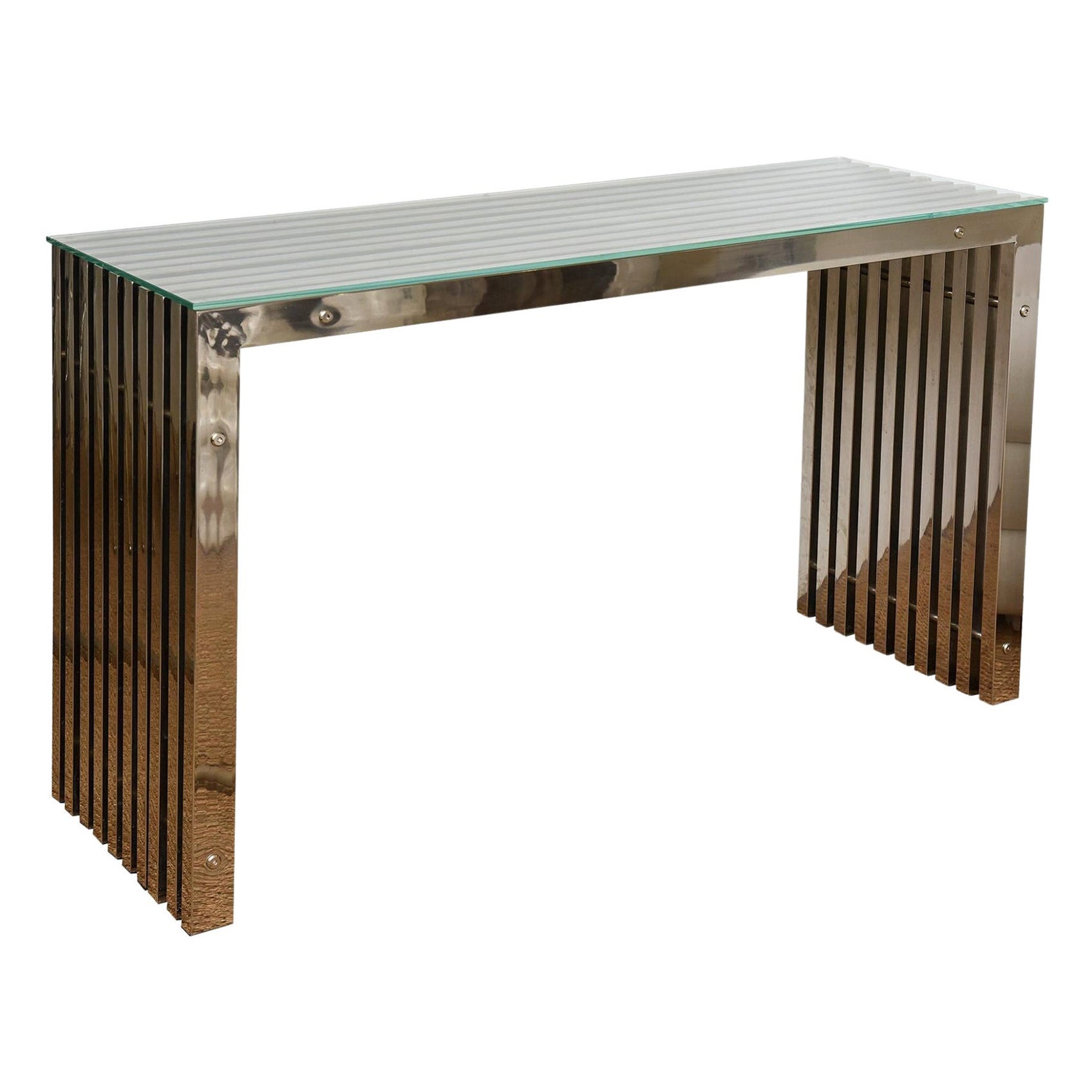 Milo Baughman Style Vintage Slated Stainless Steel Console or Sofa Table