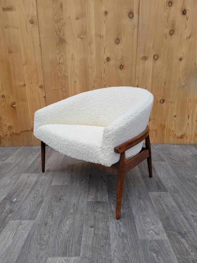 Mid-Century Modern Milo Baughman Style Walnut Barrel Back Lounge Chair Newly Upholstered in Boucle