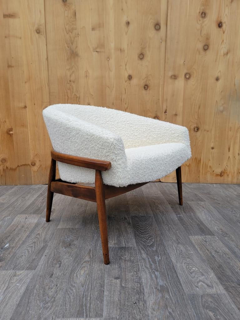 Hand-Crafted Milo Baughman Style Walnut Barrel Back Lounge Chair Newly Upholstered in Boucle