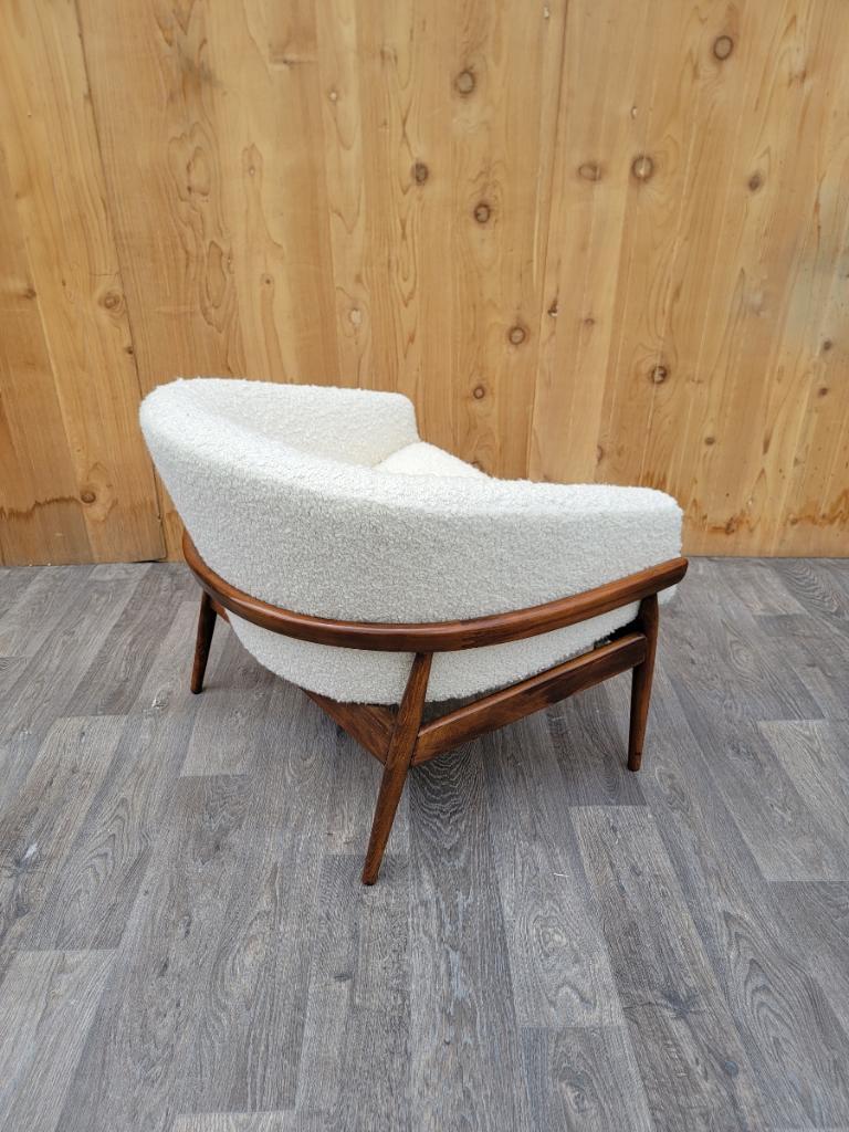Milo Baughman Style Walnut Barrel Back Lounge Chair Newly Upholstered in Boucle In Good Condition In Chicago, IL