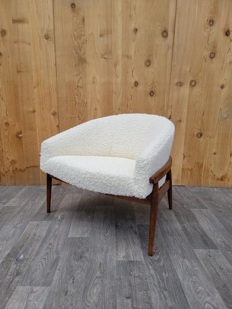 Mid-20th Century Milo Baughman Style Walnut Barrel Back Lounge Chair Newly Upholstered in Boucle