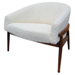 Milo Baughman Style Walnut Barrel Back Lounge Chair Newly Upholstered in Boucle