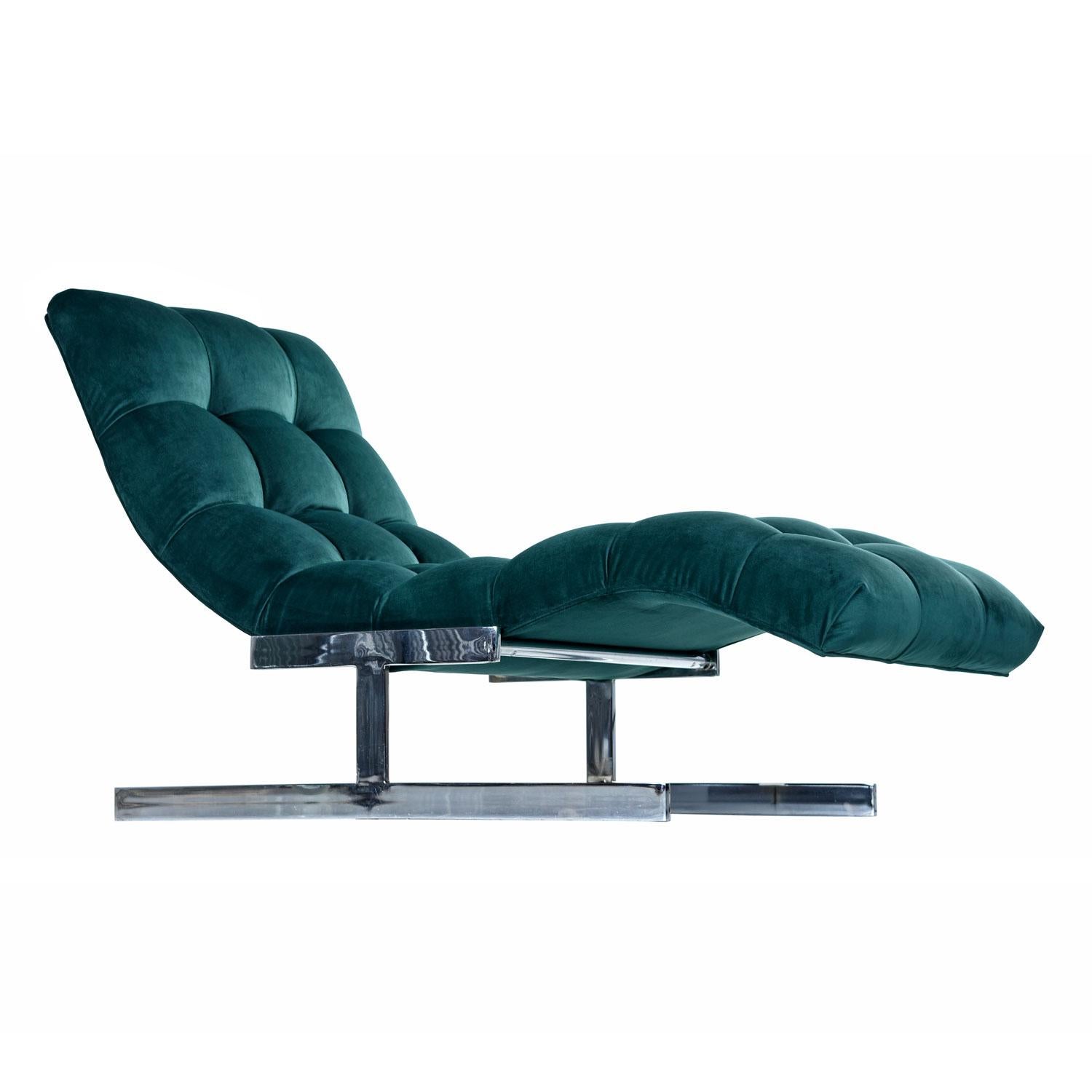 Neu Waldgrüner Samt Milo Baughman Style Wave Chaise Lounge von Carsons (Moderne der Mitte des Jahrhunderts)