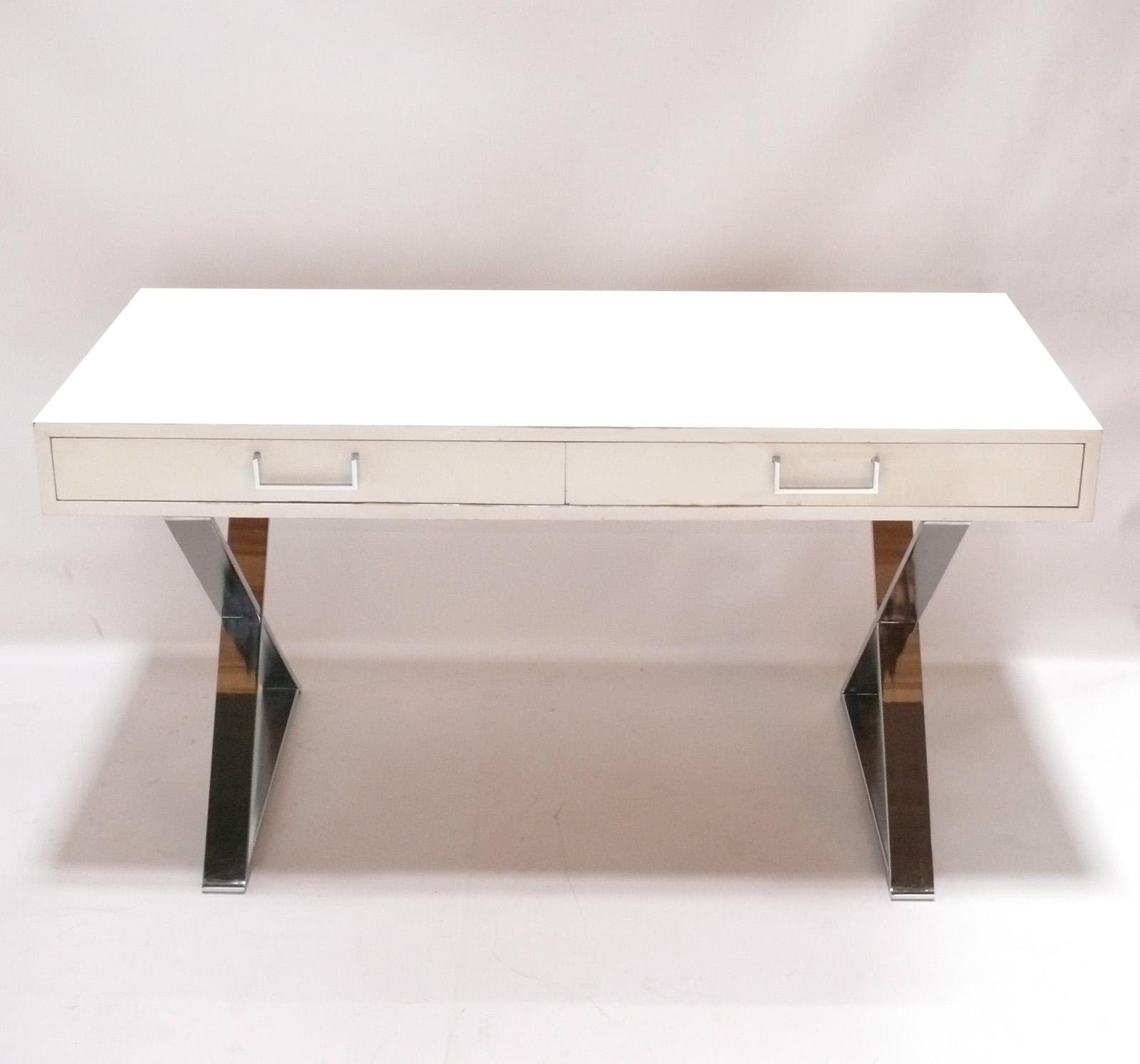 Clean Lined X Base Desk, in the style of Milo Baughman, American, circa 1970s. This desk is currently being refinished and can be completed in your choice of color. The desk is finished on the back side and could be floated in a room, or used as a